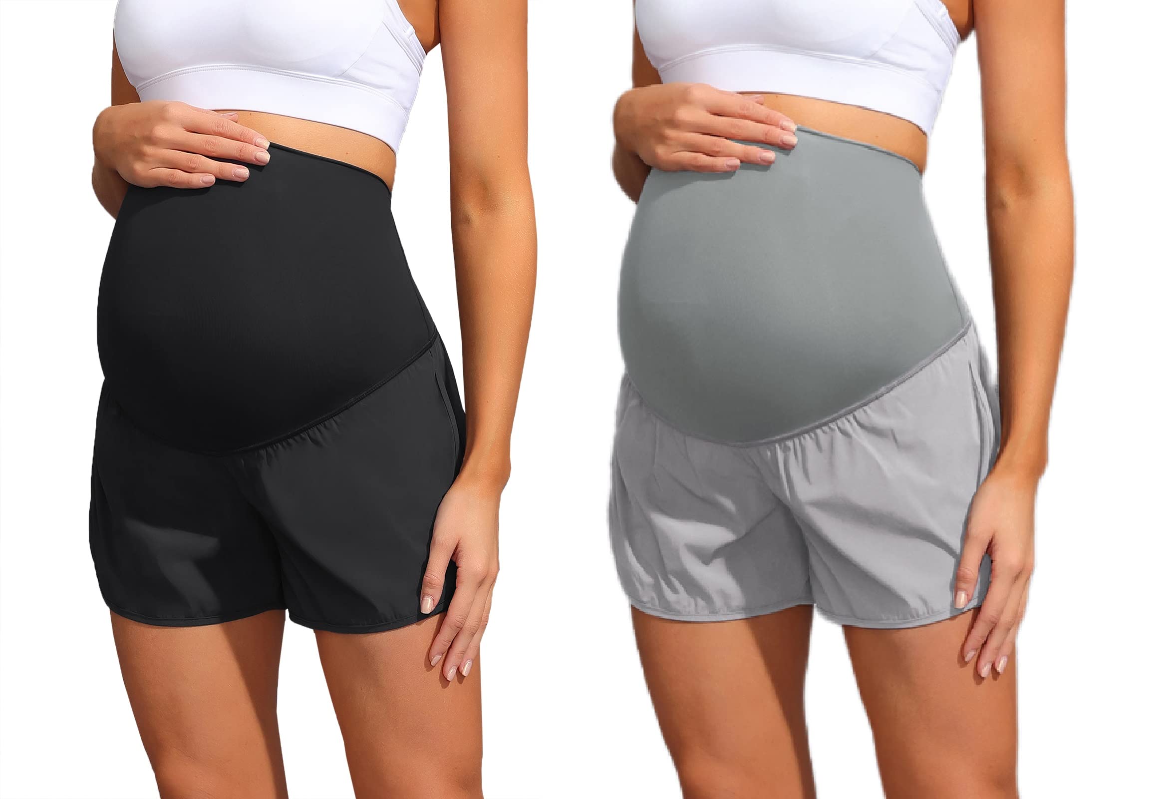 Maacie Women's Maternity Yoga Shorts - Breathable Quick Dry Layered Workout Shorts with Inner Liner & Pockets - Perfect for Pregnancy Exercise, Gym & Lounge Wear