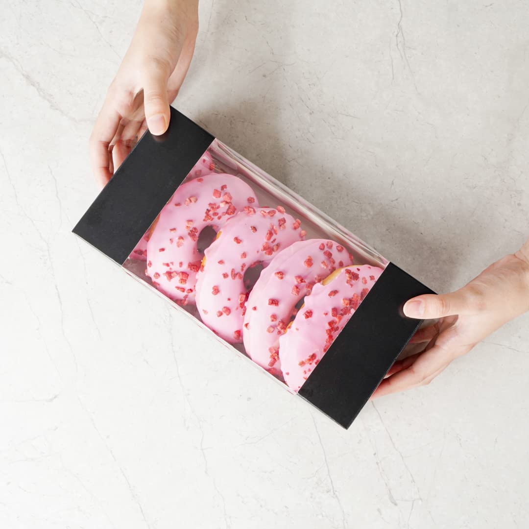 Restaurantware Pastry Tek 9.8 x 4.7 x 3.9 Inch 100-Pack Disposable Donut Boxes with Clear Window | Easy Assembly Black Paper Cookie Packaging for Muffins, Cupcakes & Mini Cakes | Perfect for Bakeries, Cafés & Catering Events