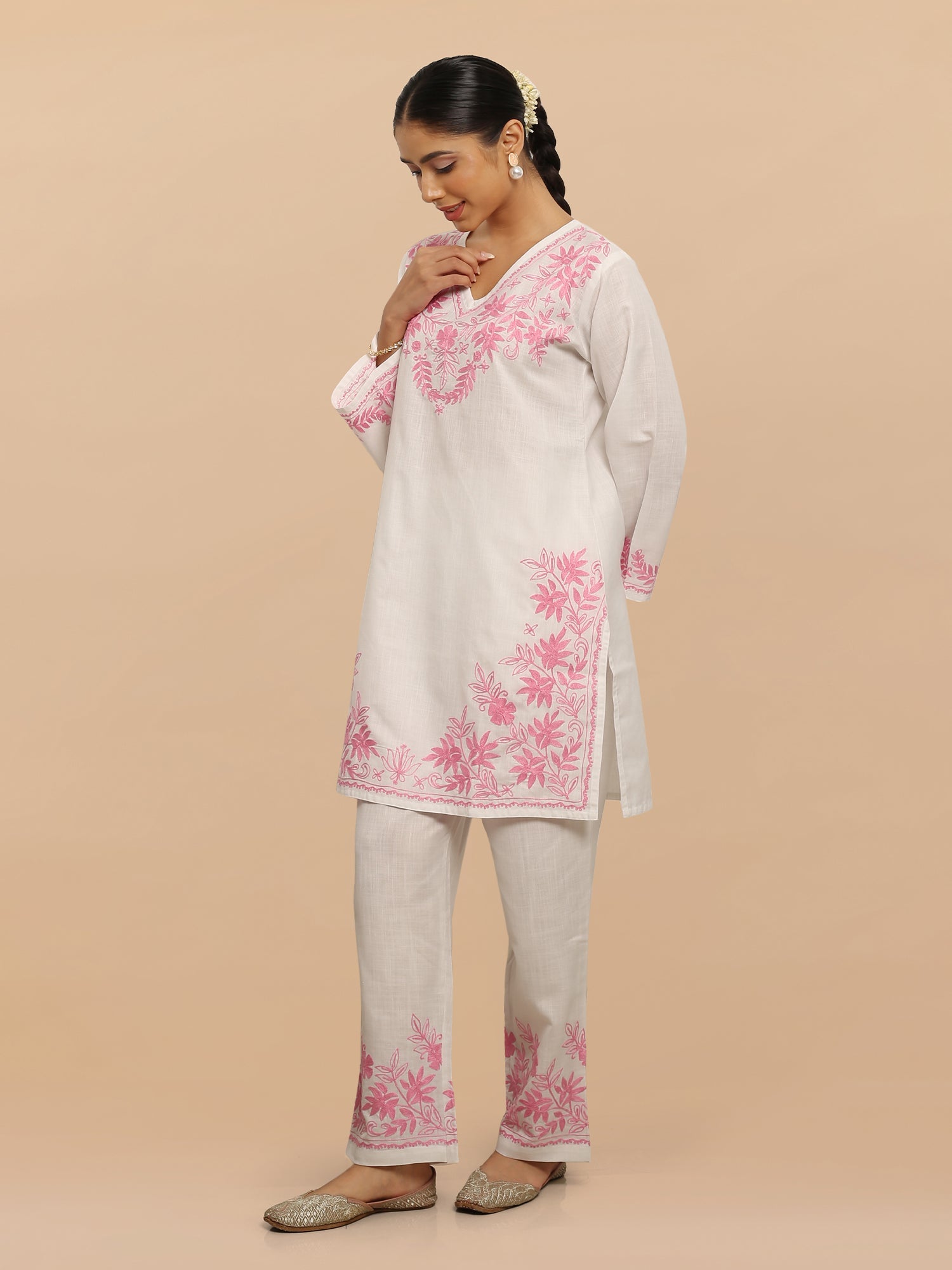 Arpita in Falak Kashmiri Kurta Set - White Ethnic Embroidered Cotton Tunic & Pants Outfit for Women | Perfect for Festivals, Weddings & Cultural Events