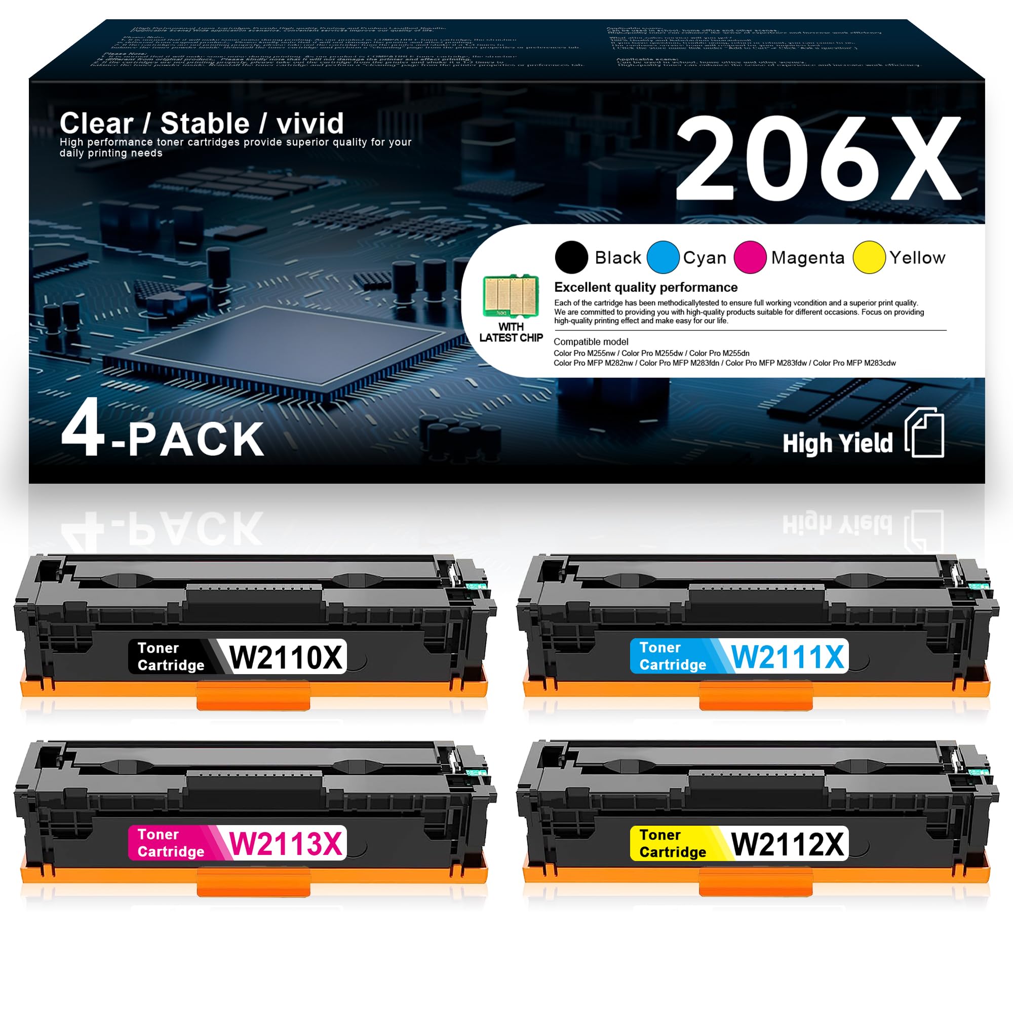 High Yield 206X 206A Toner Cartridge with Chip - Compatible Replacement for HP 206X 206A W2110X W2111X W2113X W2112X Color Pro M255dw MFP M283fdw M283cdw Printers - 4-Pack (Black, Cyan, Magenta, Yellow) - Perfect for Office Printing, Home Office Use & Small Business Document Needs