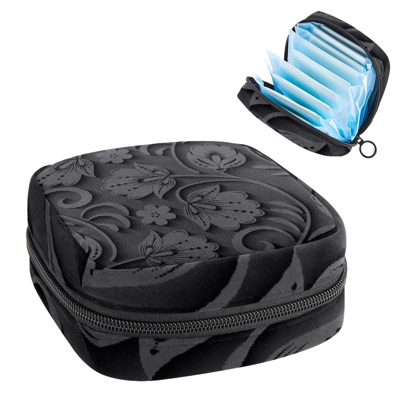 3D Floral Black Leaf Pattern Menstrual Cup & Pad Organizer Pouch - Portable Hygienic Storage for Women & Girls - Perfect for Travel, Gym, and Daily Use