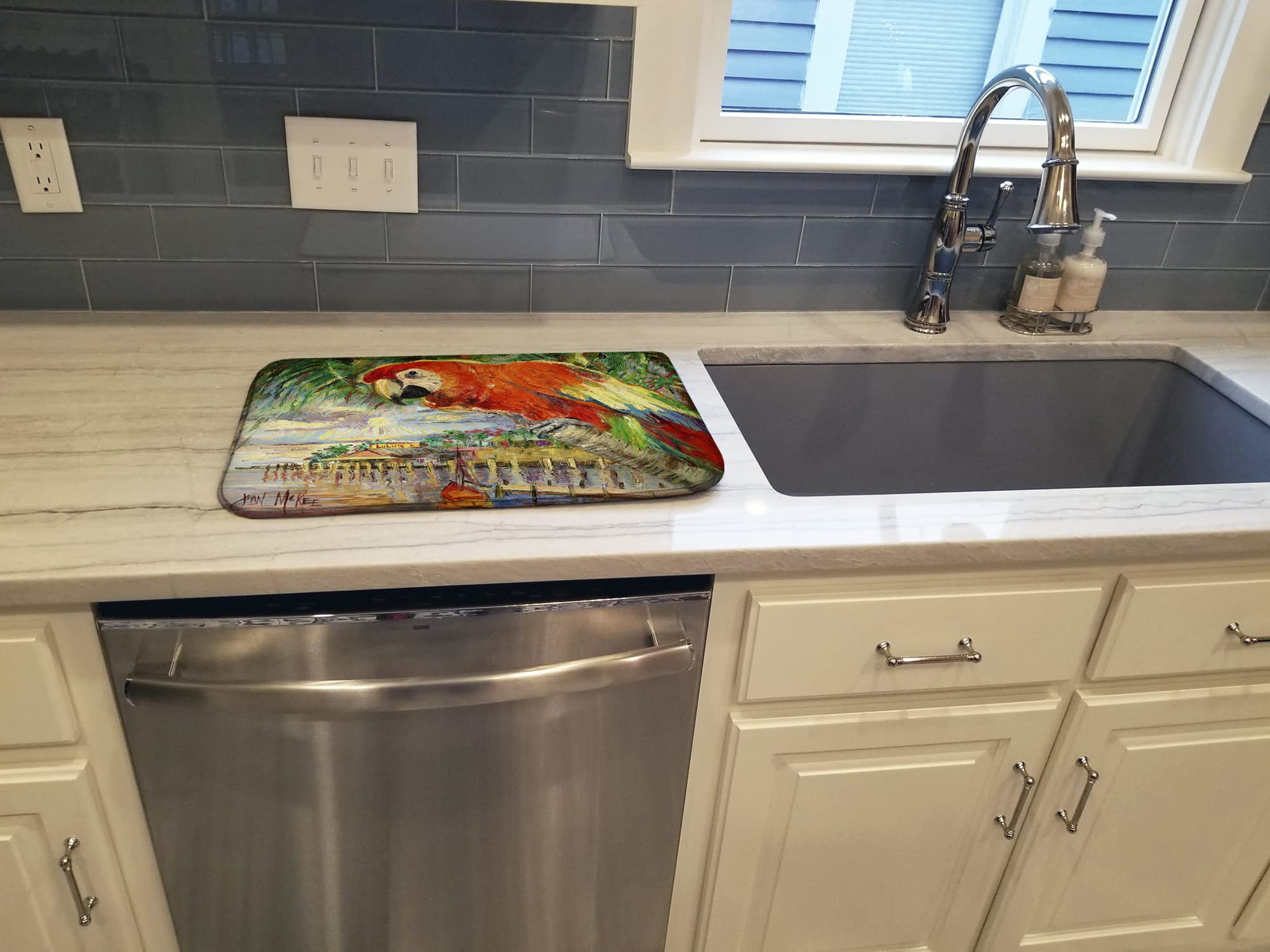 Red Parrot Dish Drying Mat - Absorbent Kitchen Counter Mat (14x21