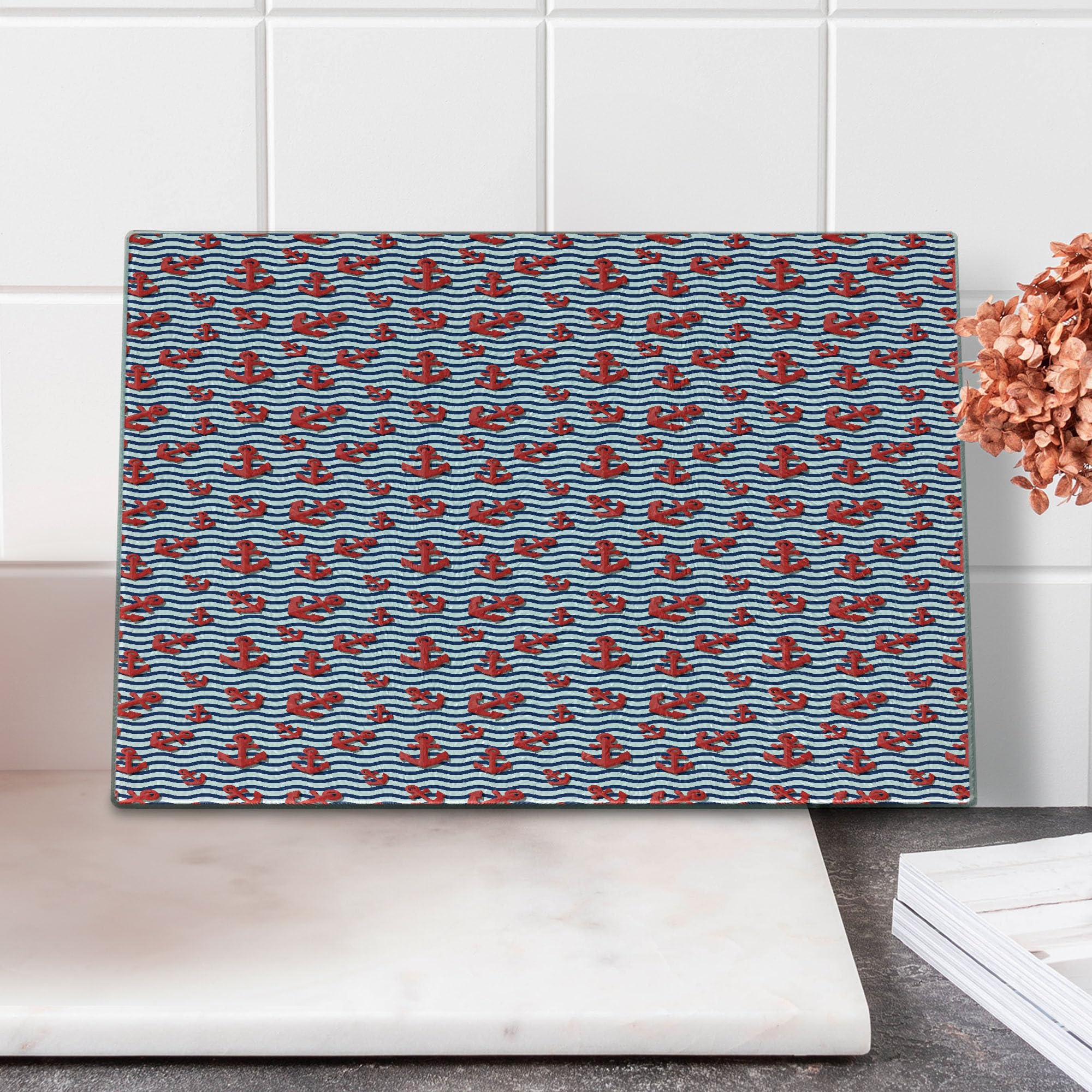 Ambesonne Anchor Tempered Glass Cutting Board - Wavy Stripes 3D Marine Anchor Design in Vermilion, Navy Blue & White - Small Decorative Serving Board for Kitchen, Dining & Gifts