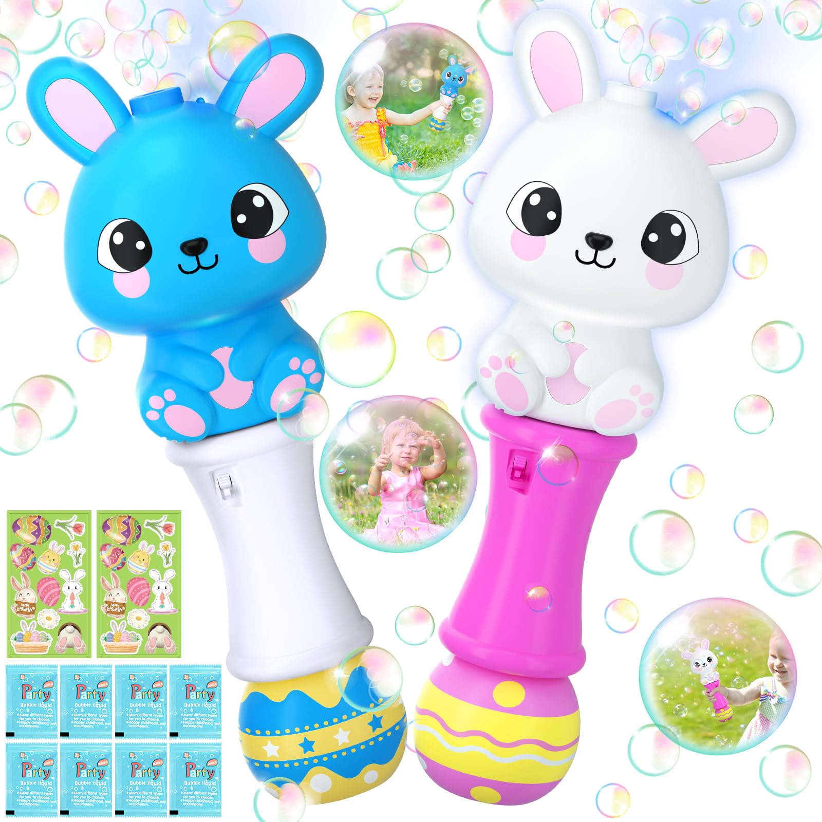 Easter Bunny Bubble Wand 2 Pack - Automatic Bubble Blower Gun for Kids with LED Lights & 4 Bottles Refill Solution - Fun Outdoor Bubble Toys for Toddlers - Perfect for Easter Basket Stuffers, Birthday Parties, and Summer Backyard Play