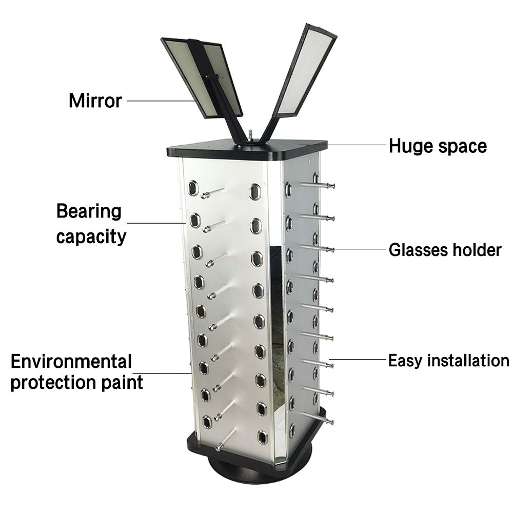 360° Rotating Sunglasses Display Stand with Mirror - Holds 36 Pairs of Glasses (Square Base) - Perfect for Retail Stores, Boutiques & Home Organization