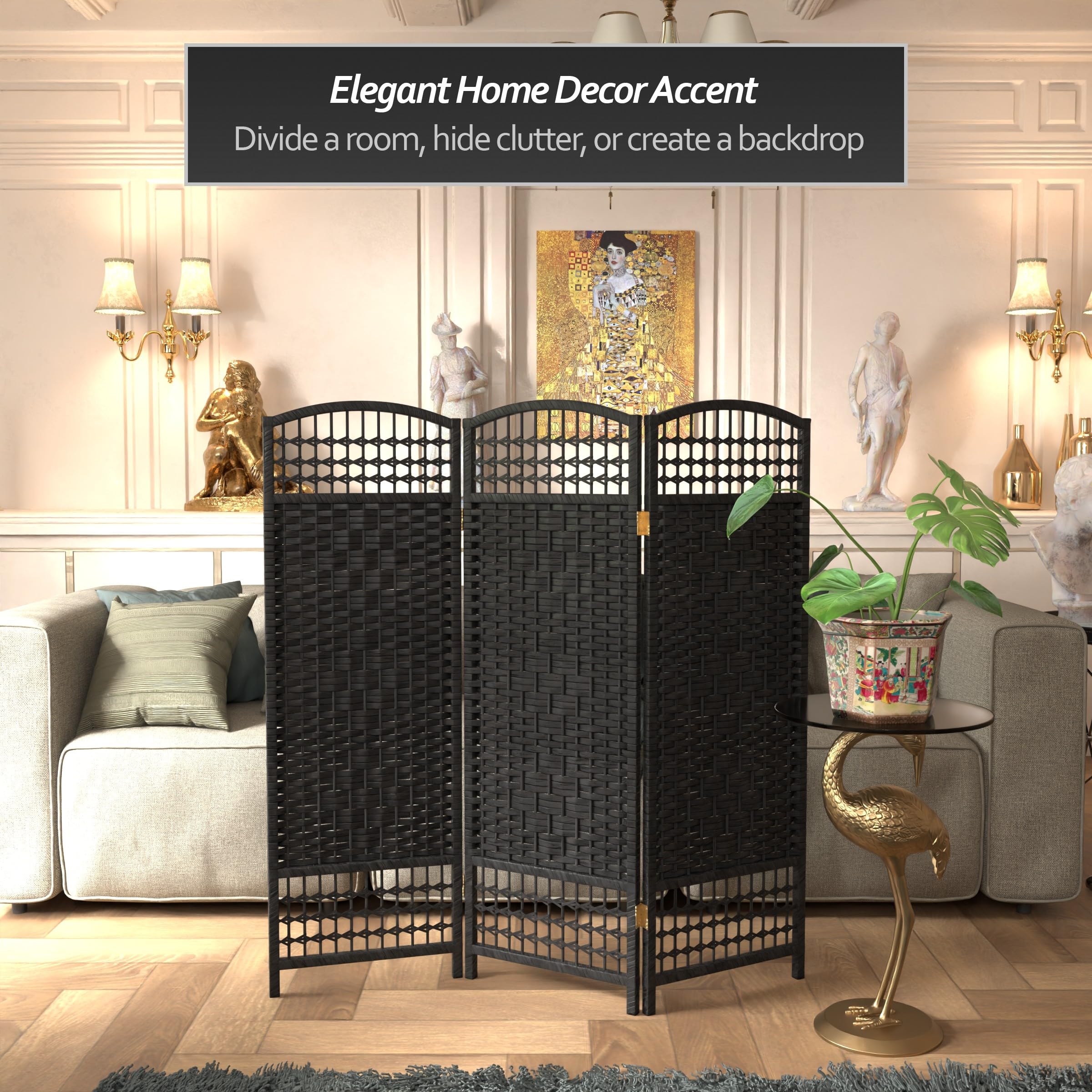 4 ft. Black Short Fiber Weave Folding Room Divider Screen - 3 Panel Privacy Partition for Home, Office & Events - Space Separator for Living Room, Bedroom or Wedding Decor