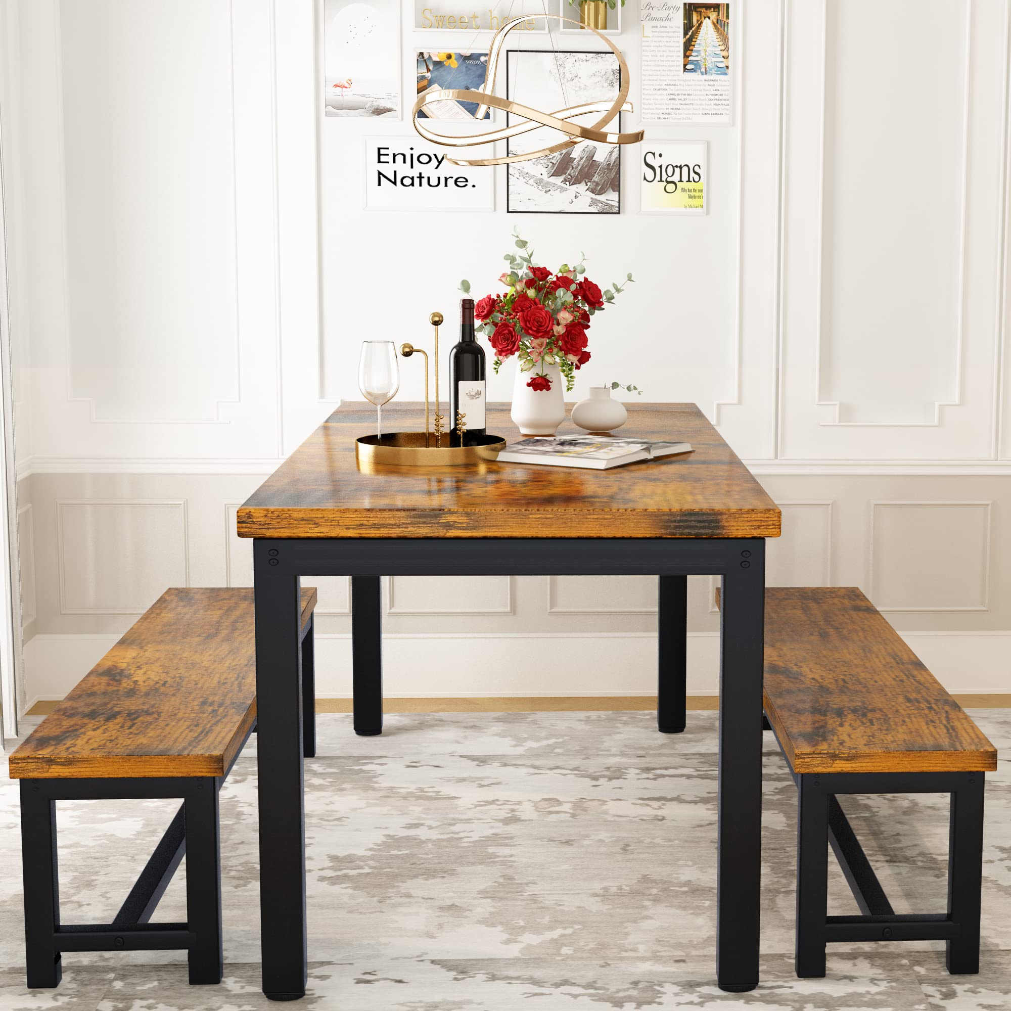 Hooseng 4-Piece Dining Table Set with 2 Benches - 47 Inch Space-Saving Kitchen Table & Chairs for Small Families - Heavy Duty Sturdy Metal Frame in Brown - Perfect for Breakfast Nooks, Small Apartments & Cozy Dining Spaces