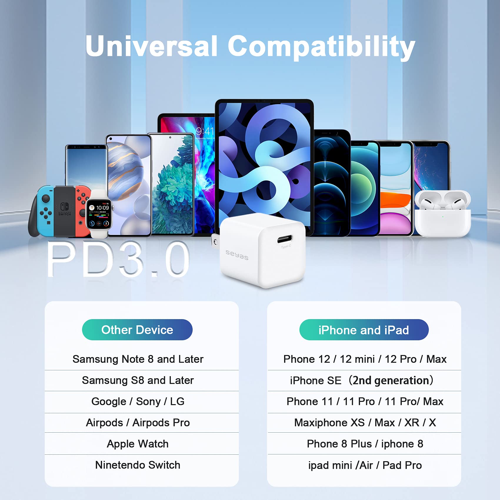 20W USB C Fast Charger - Seyas Mini Wall Charger Compatible with iPhone 15/14/13, iPad, AirPods, Pixel, Galaxy, Switch | Fast Charging for Home, Office & Travel