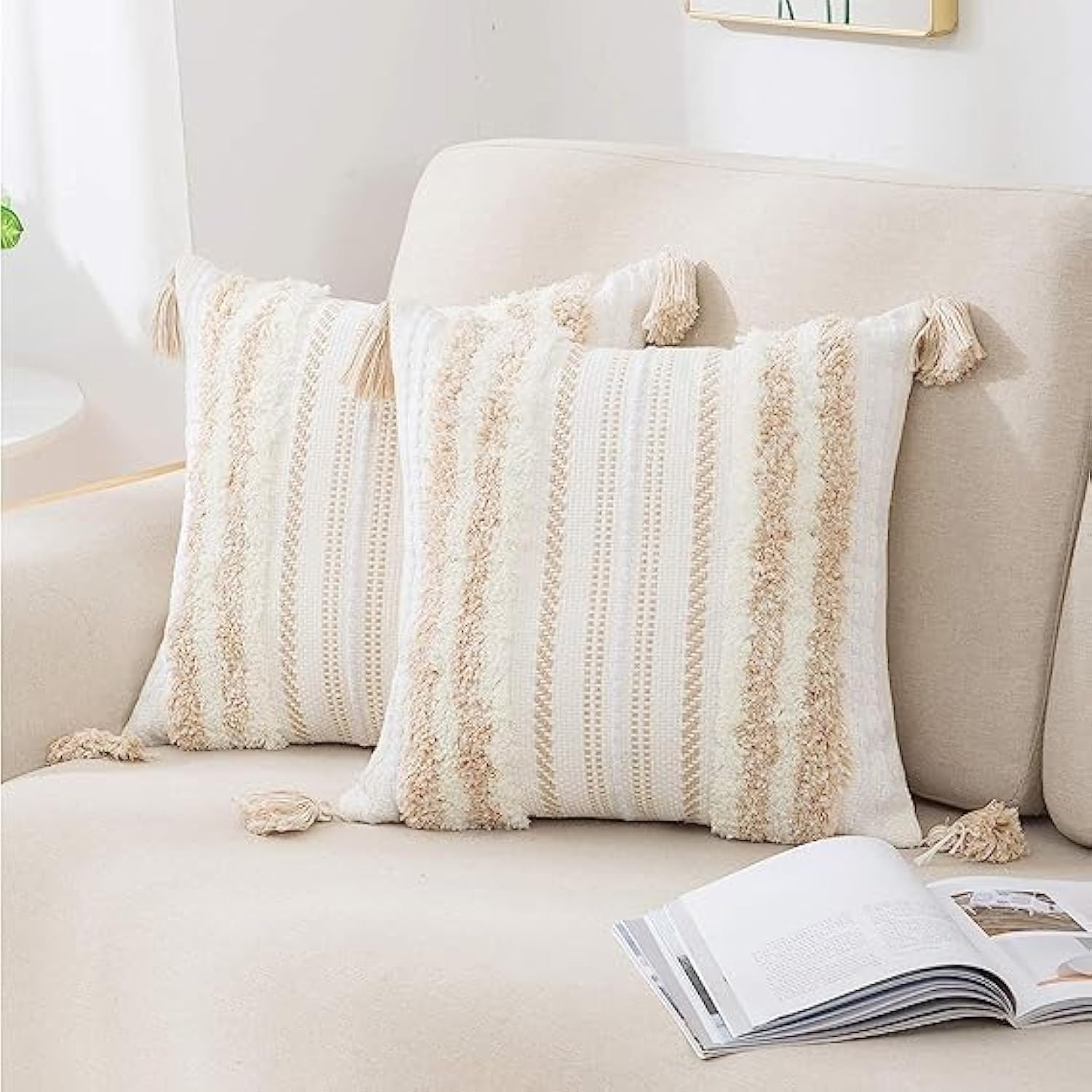 Boho Throw Pillow Covers 20x20 Set of 2 - Neutral Textured Tufted Decorative Pillow Covers for Couch, Bed, Sofa & Living Room - Striped Khaki and Cream White - Perfect for Bohemian Home Decor & Cozy Interior Styling