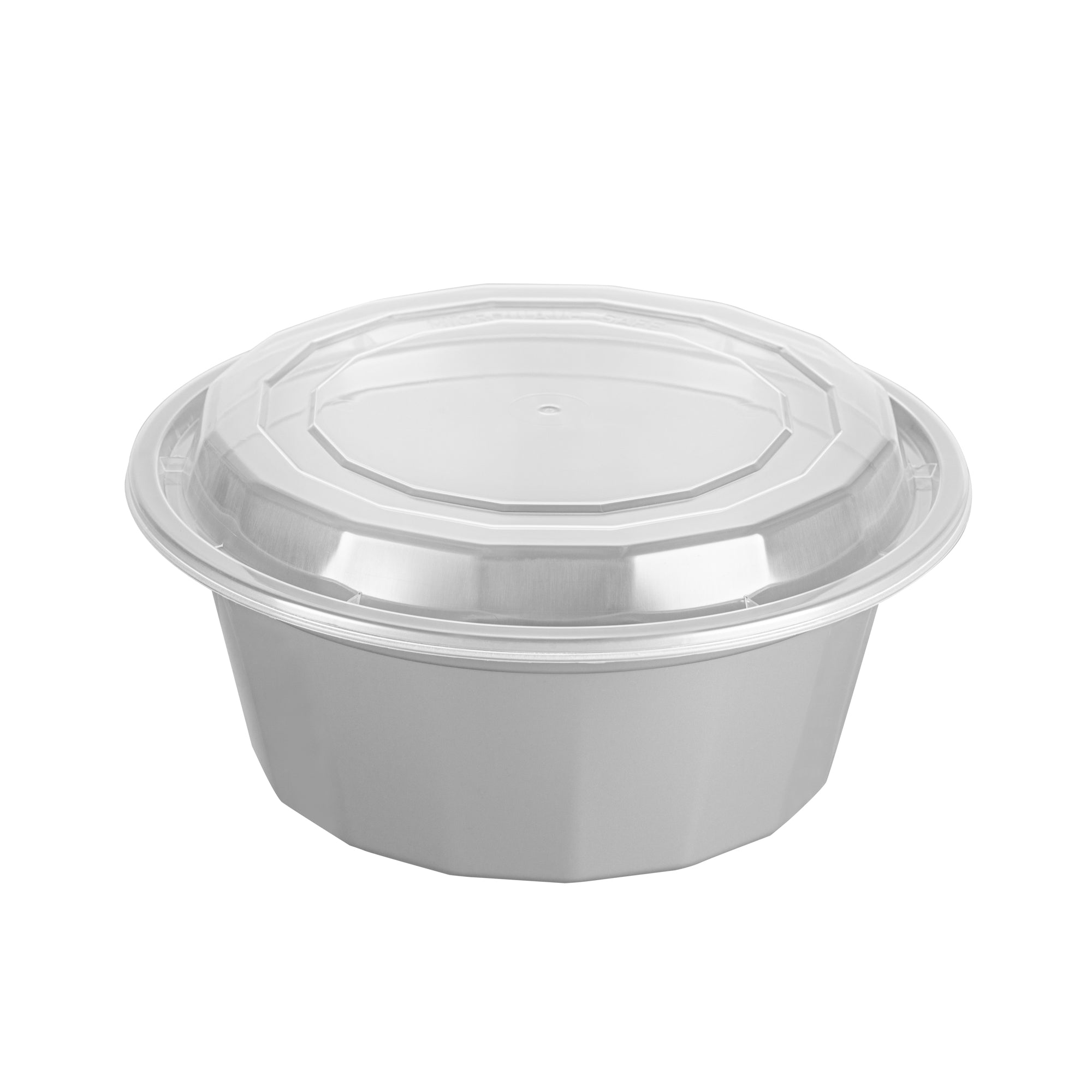 32 oz Round Silver Plastic Food Storage Containers with Clear Lids - Microwave Safe, Reusable To-Go Boxes (7.25