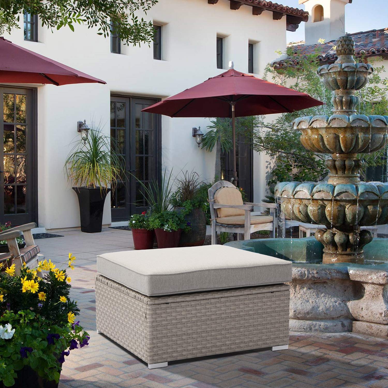 SUNBURY Outdoor Sectional Sofa with Wicker Ottoman - Pearl Gray Patio Furniture Set with Zippered Cushions | Perfect for Backyard, Garden, Porch & Poolside Relaxation