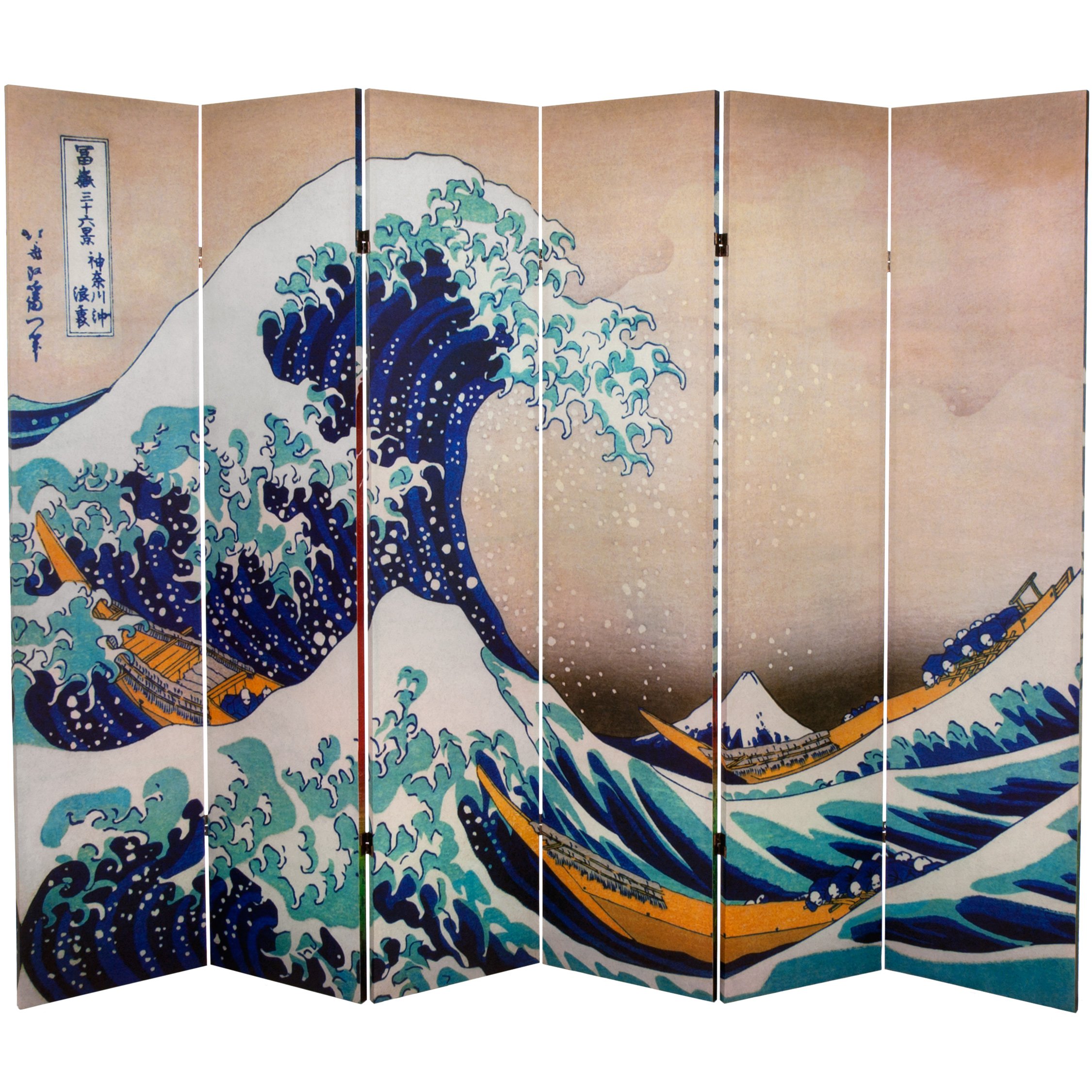 6 ft. Tall Double Sided Hokusai Wave & Red Fuji Japanese Room Divider - 71 Inch Height, 6 Panel Folding Screen - Natural Wood Finish for Home Decor, Office Partition, and Asian-Themed Events