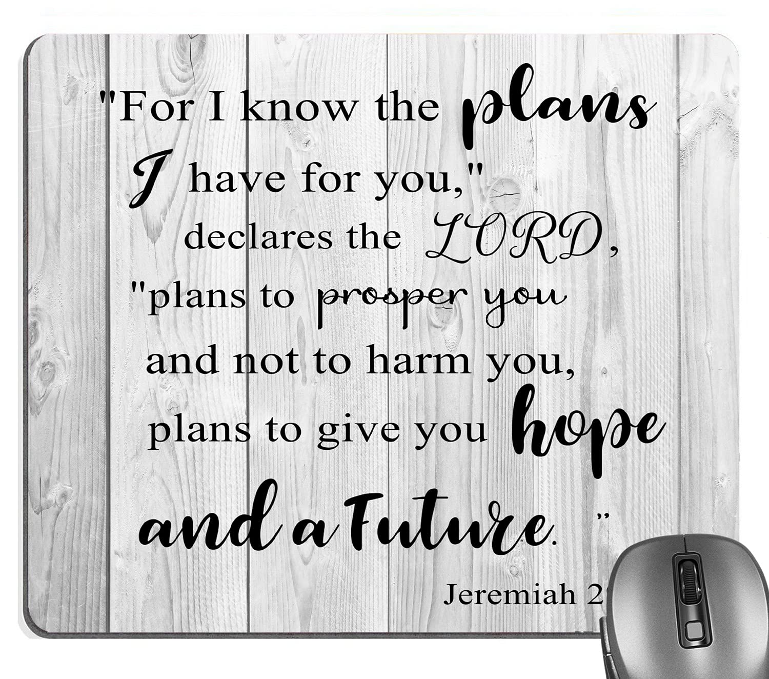 Inspirational Christian Mouse Pad with Jeremiah 29:11 Bible Verse - 'For I Know The Plans I Have for You' - Rustic White Grey Wood Grain Design - Perfect for Office, Home & Church Use