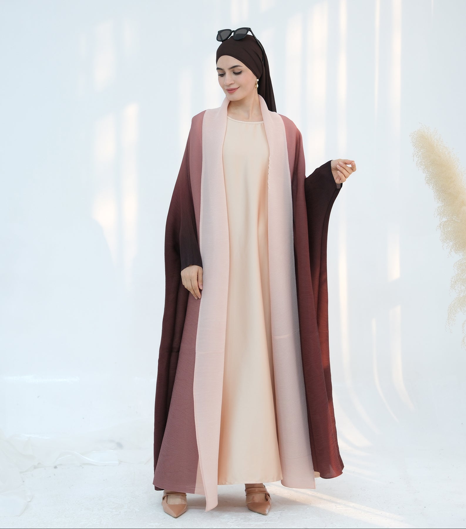 Elegant Kenyat Pleated Ombre Kimono Open Abaya in Brick Color - Perfect for Modest Fashion, Prayer Dresses, and Special Occasions