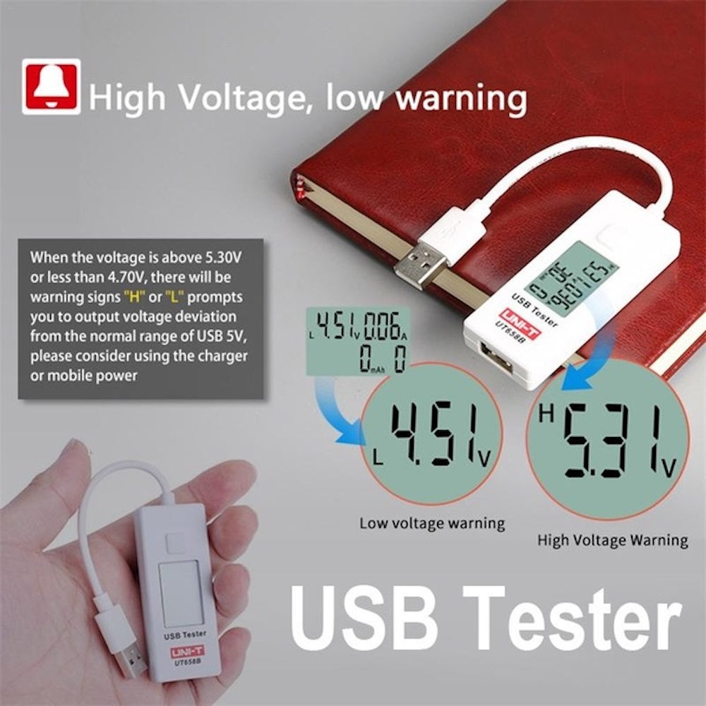UNI-T UT658B USB Digital Ammeter Voltage Tester - Monitor Charging Current & Power for Phones, Tablets, Power Banks (Home, Office, Travel Use)