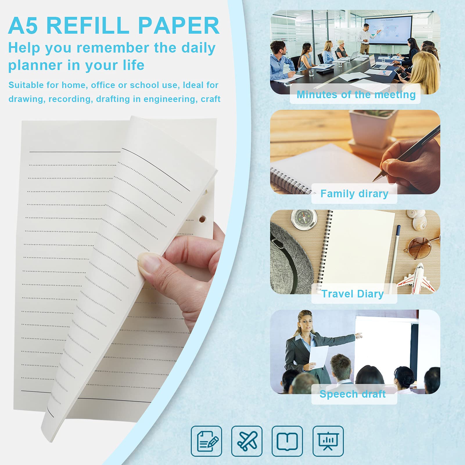 Premium A6 Refill Paper - 180 Sheets (360 Pages) 6-Ring Loose Leaf Lined Paper for Binders, Planners, Journals & Notebooks - Thick High-Quality Paper for Office, School & Home Organization