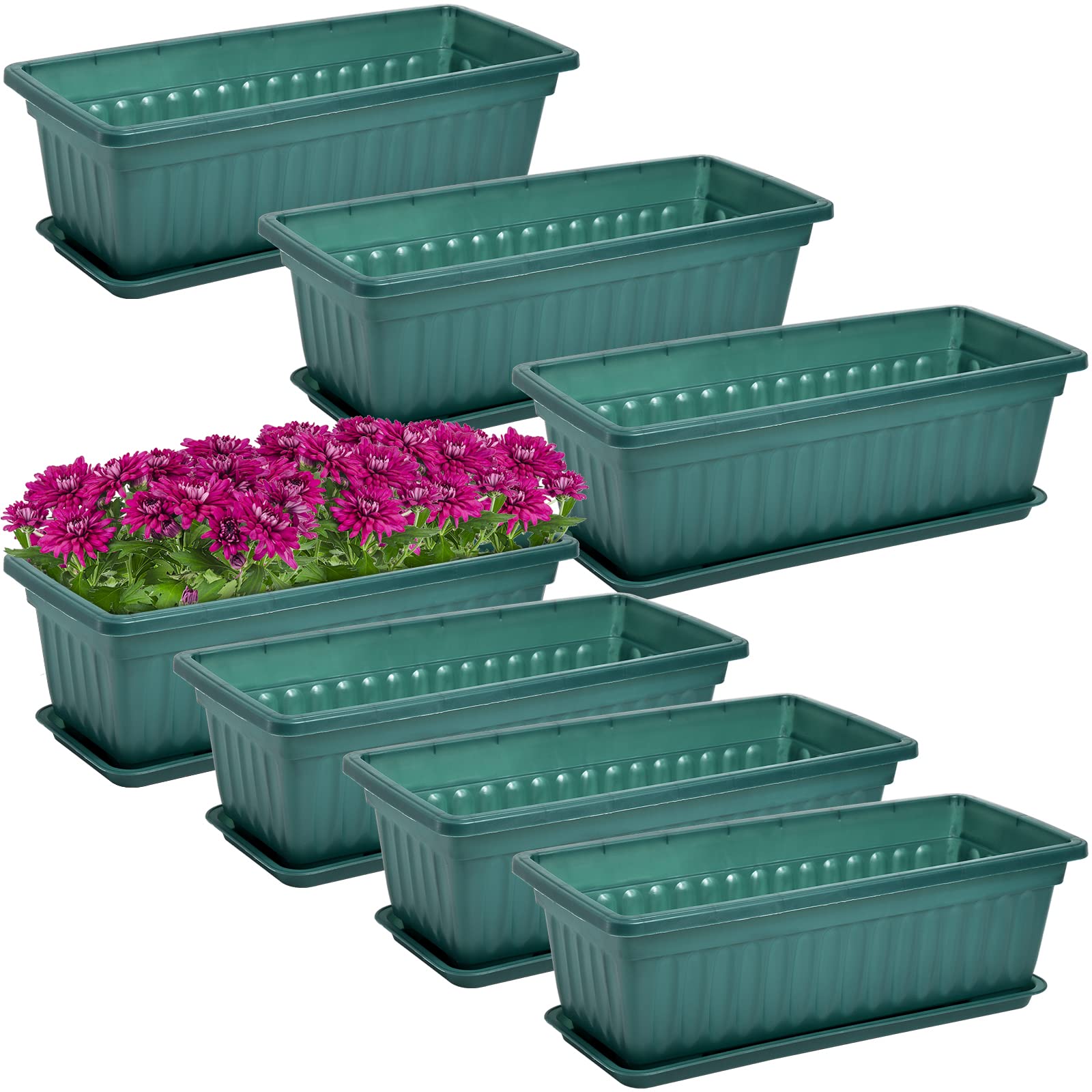 Fasmov 7 Pack 17 Inch Plastic Flower Window Box with Drainage Trays - Vegetable Planters & Garden Pots for Balcony, Patio, Indoor Herb Garden - Includes 7 Plant Labels for Easy Organization (Ideal for Growing Herbs, Vegetables, and Flowers)