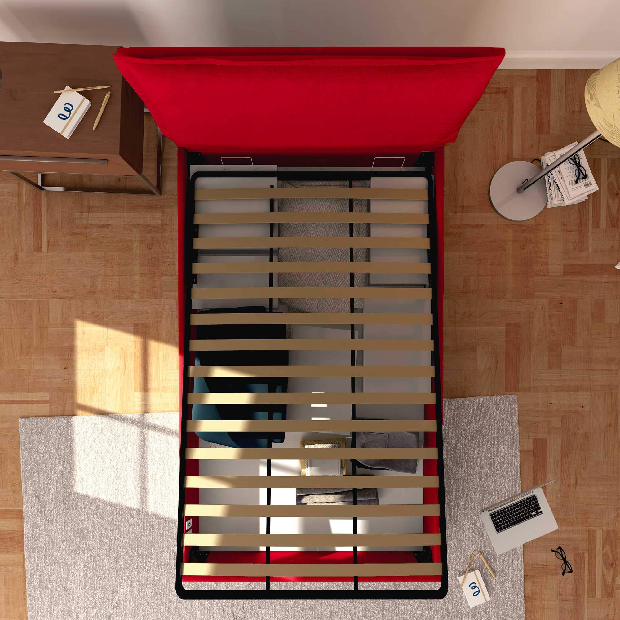 Baldiflex Square and Half Bed with Storage - Licia Model Synthetic Leather Upholstery, Slatted Base for Square and Half Mattresses, 120 x 190 cm, Finely Padded Headboard, Red - Perfect for Small Bedrooms, Guest Rooms & Modern Apartments