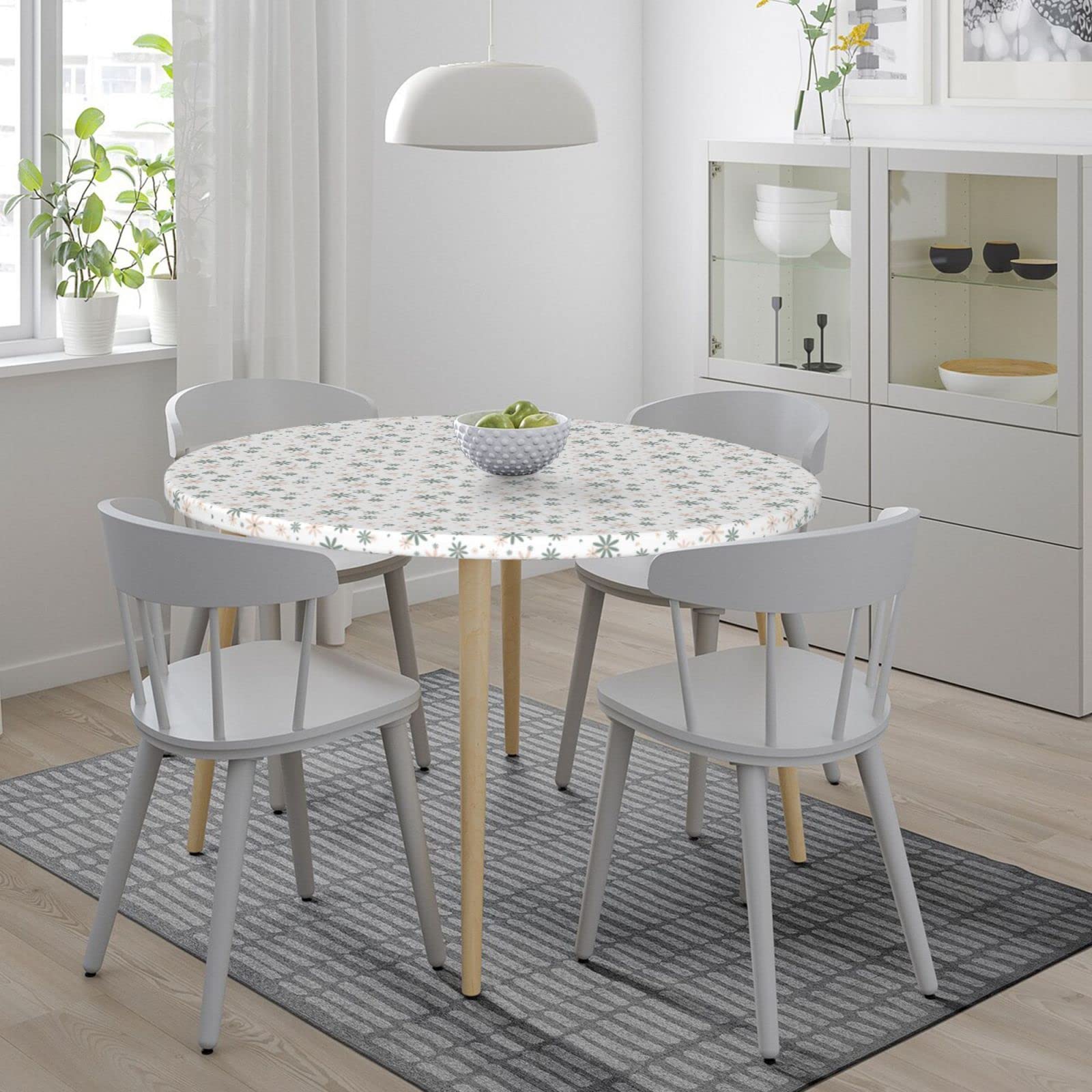Waterproof Elastic Round Tablecloth with Floral Design - Wipeable, Fitted Table Cover for Indoor & Outdoor Use - Perfect for Picnics, Parties, and Dining Decor