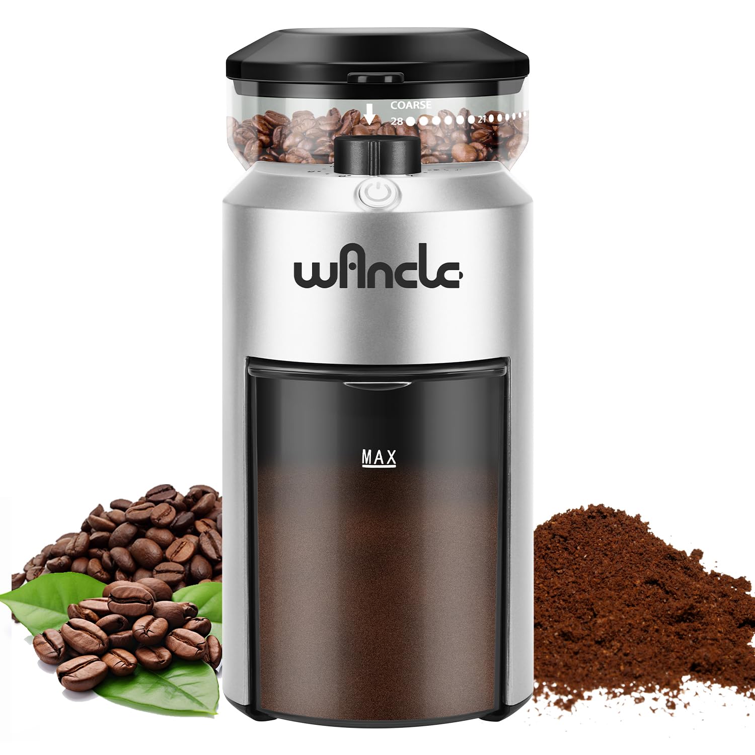 Wancle Electric Burr Coffee Grinder - Adjustable 28 Precise Grind Settings for 12 Cups - Professional Coffee Bean Grinder with Stainless Steel Blades (Plastic, Silver) - Perfect for Espresso, French Press, Cold Brew & Home Coffee Brewing