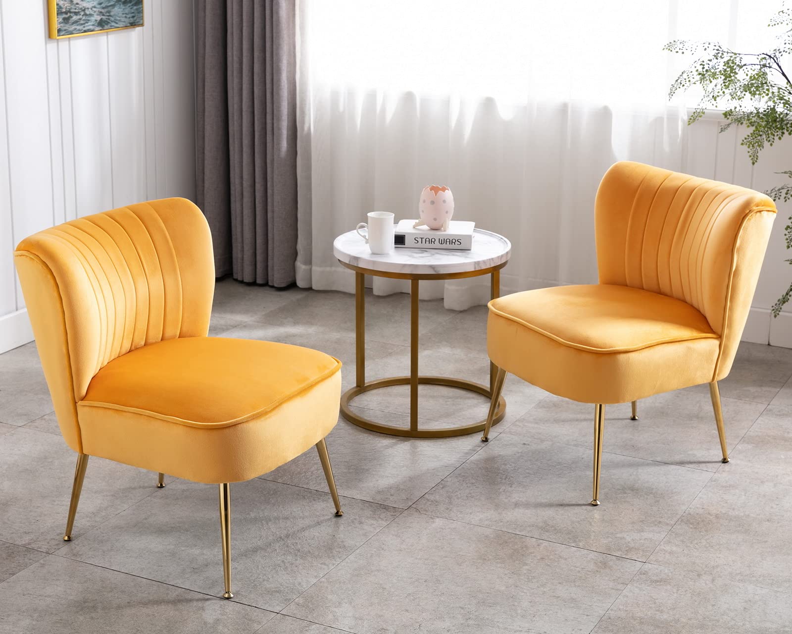 CIMOTA Velvet Accent Chairs Set of 2 - Modern Armless Slipper Chairs with Golden Legs, Wingback Design for Living Room, Bedroom & Office - Soft Velvet Upholstered Side Chairs for Reading Nook, Lounge Corner or Guest Seating (Yellow)