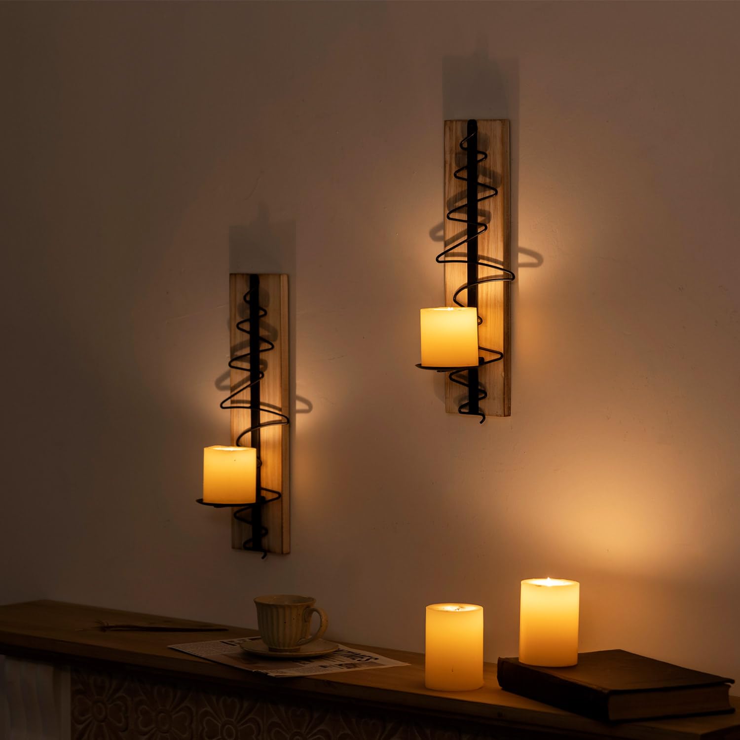 Rustic Wood Wall Candle Sconce Set of 2 - Farmhouse Wall Mounted Candle Holders for Living Room, Bathroom & Dining Room Decor - Perfect for Cozy Home Ambiance & Romantic Dinner Lighting