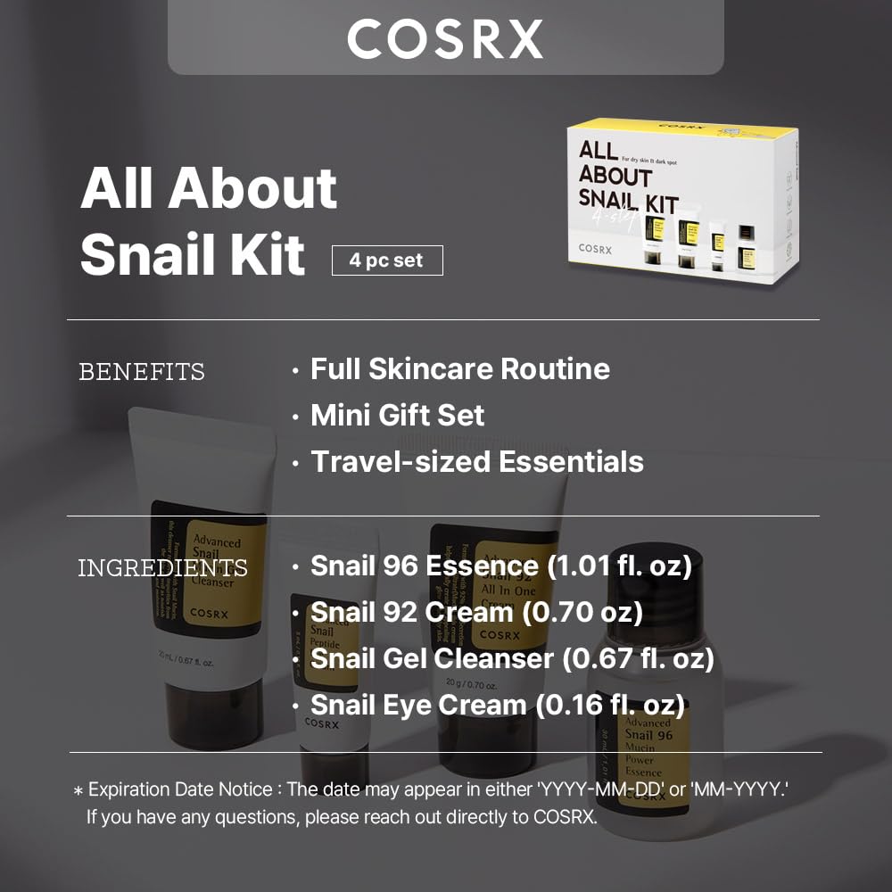 COSRX All About Snail Set with Hydrogel Mask 3EA - Korean Snail Mucin Skincare Kit & Glass Glow Hydrogel Collagen Face Mask for Hydration & Anti-Aging | Travel Essentials, Gift Set, Stocking Stuffers | Perfect for Dry Skin & Nighttime Routine