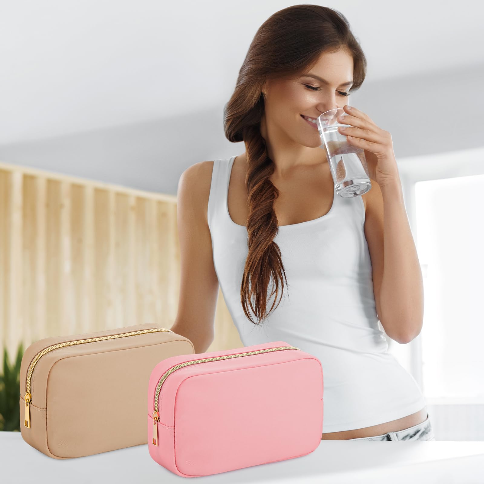 Sweetude Kacctyen 10-Piece Nylon Makeup Bag Set - Reusable Cosmetic Organizer for Women, Large Capacity Travel Toiletry Bag with Zipper (Pink & Brown) - Perfect for Travel, Gym, Daily Makeup Storage & Organization