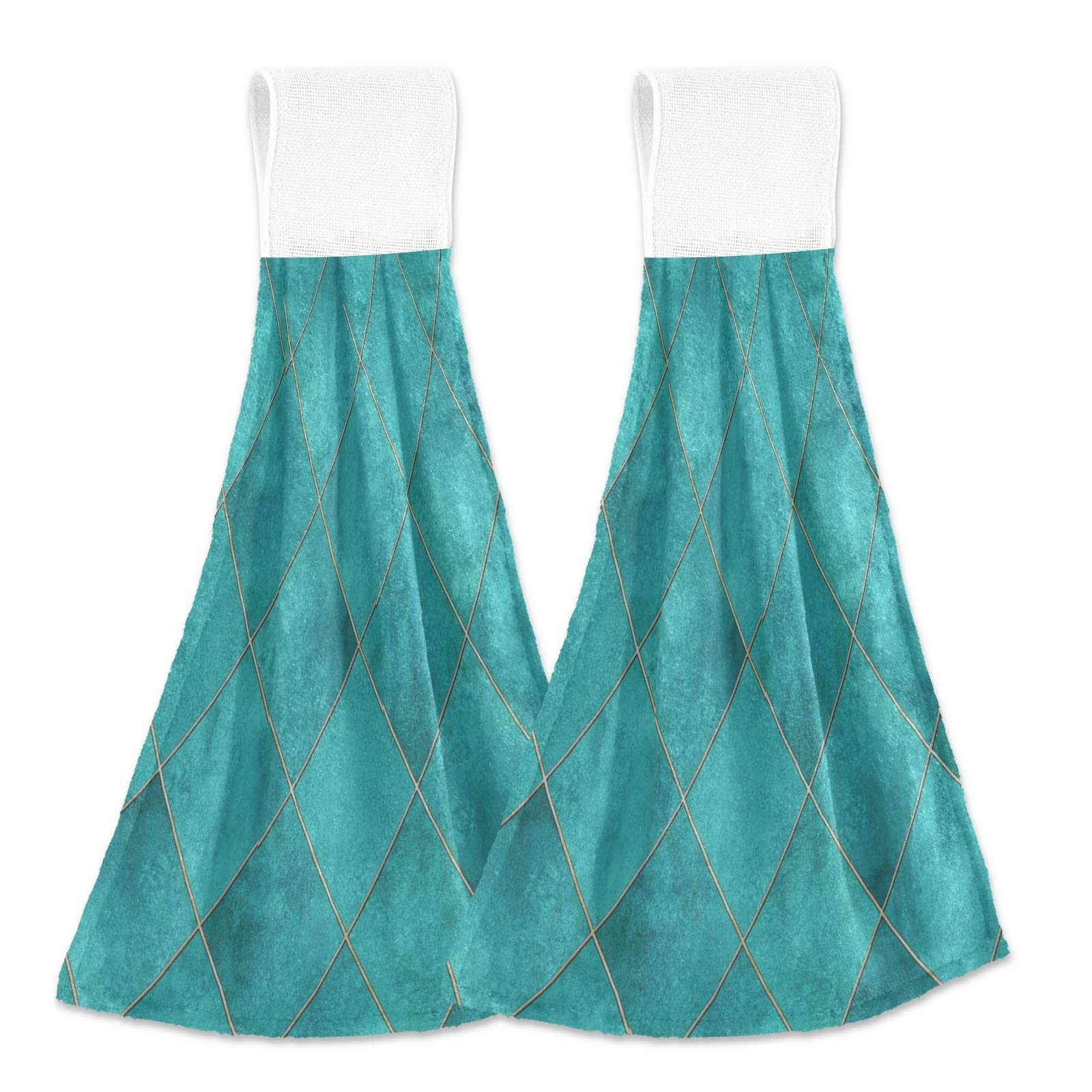 Blueangle Teal Watercolor Geometric Plaid Kitchen Towels - 12x17 Inch Soft Absorbent Hand Towels & Dishcloths with Hanging Loop - Set of 2 for Bathroom, Kitchen Decor & Daily Cleaning Tasks