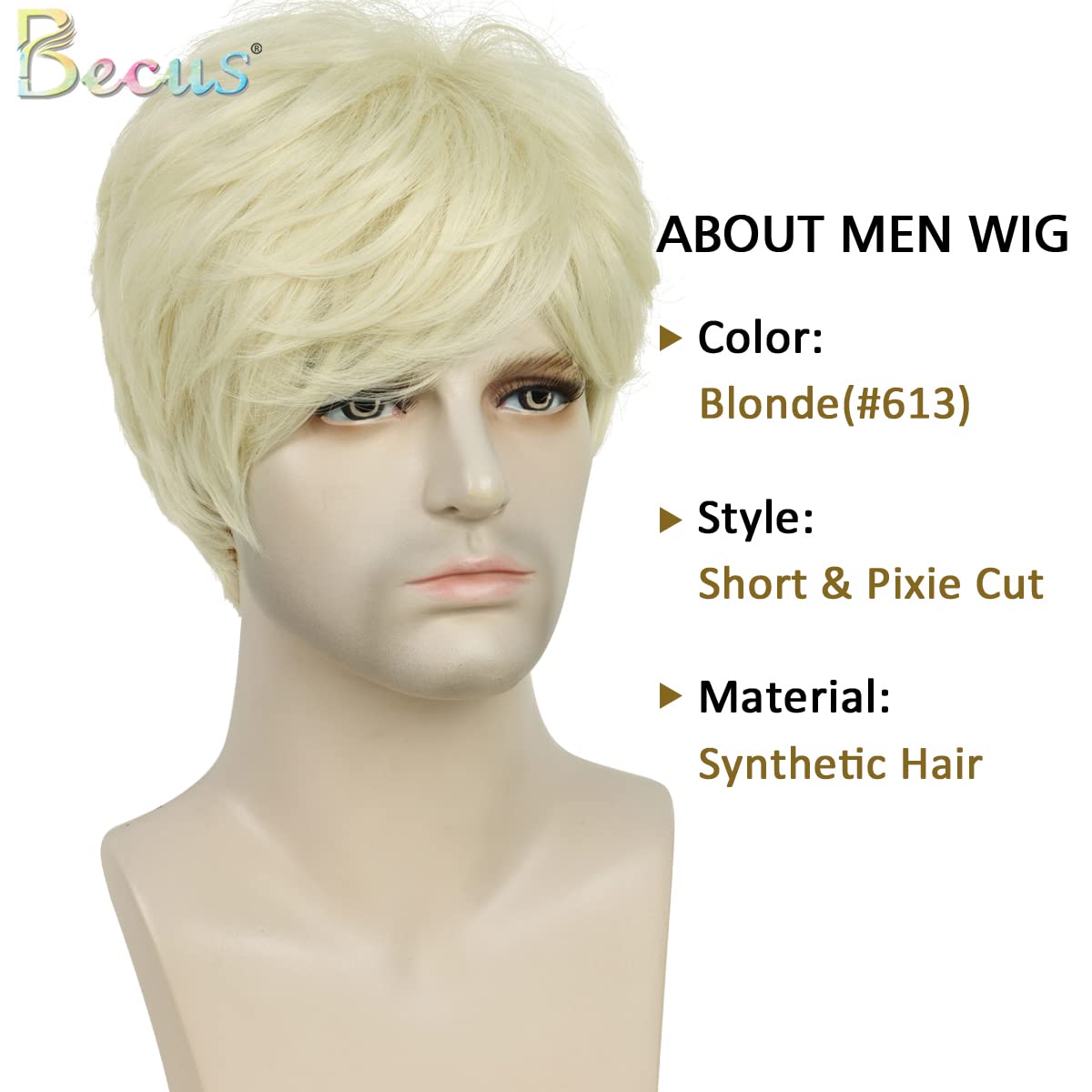 BECUS Natural Blonde Synthetic Wig for Men - Realistic Cosplay Wig for Halloween, Rockstar Party & Anime Costume - Perfect for Theatrical Performances & Costume Events
