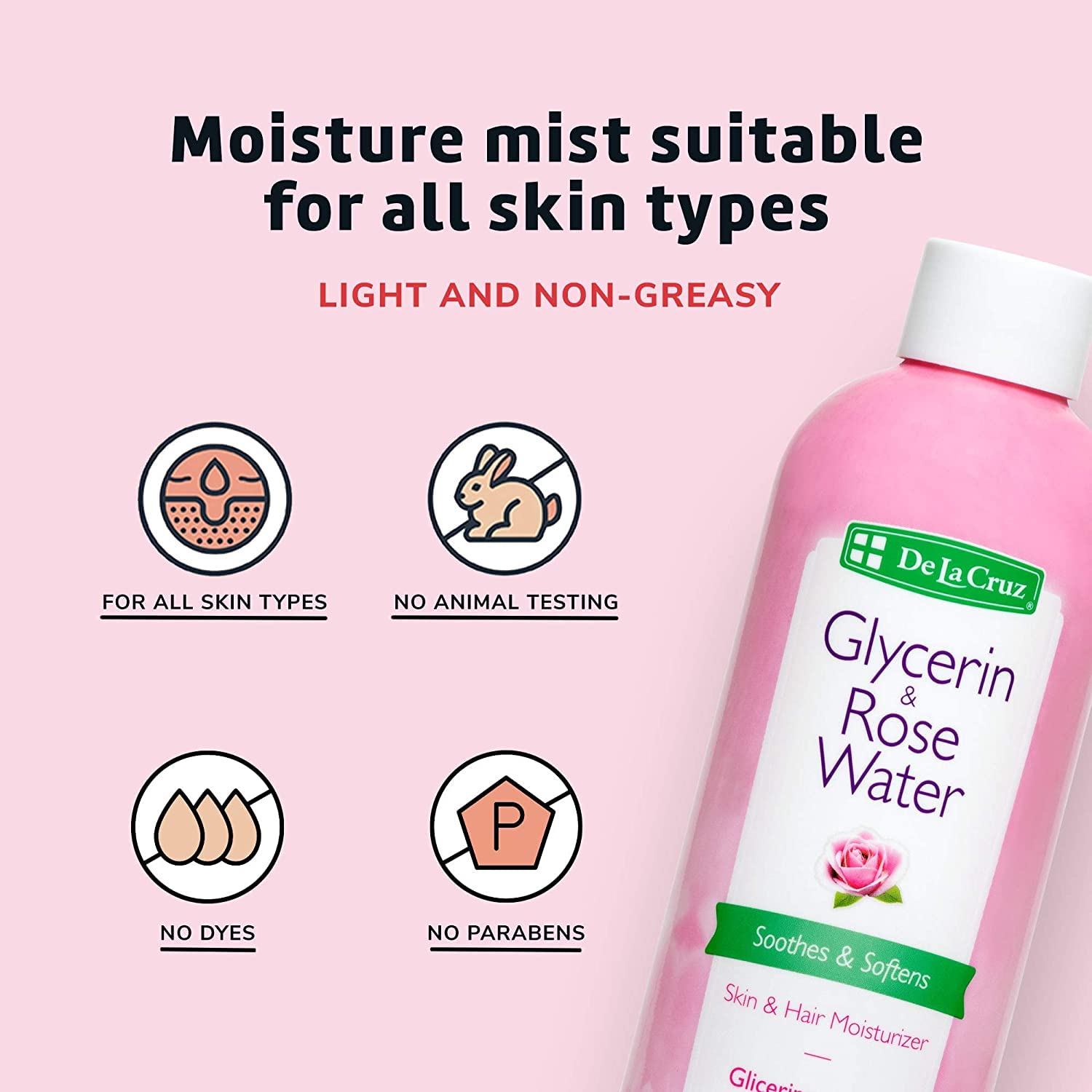 De La Cruz Rose Water & Glycerin Facial Toner - Hydrating Rosewater Spray for Face, Skin & Hair Care - 8 fl oz (236 mL) Pack of 10 - Perfect for Daily Skincare Routine, Makeup Setting & Hair Refreshment