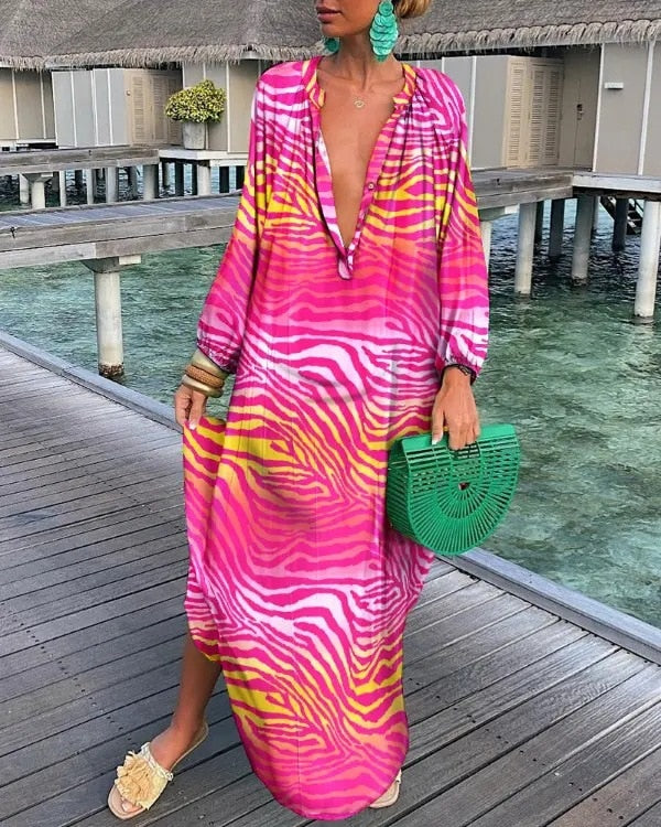 Lovevop Black Friday Sale - Sexy Casual Long Sleeve Maxi Dress for Women, Abstract Print Lantern Sleeve Shirt Dress with Round Neck - Perfect for Date Night, Party or Office Wear