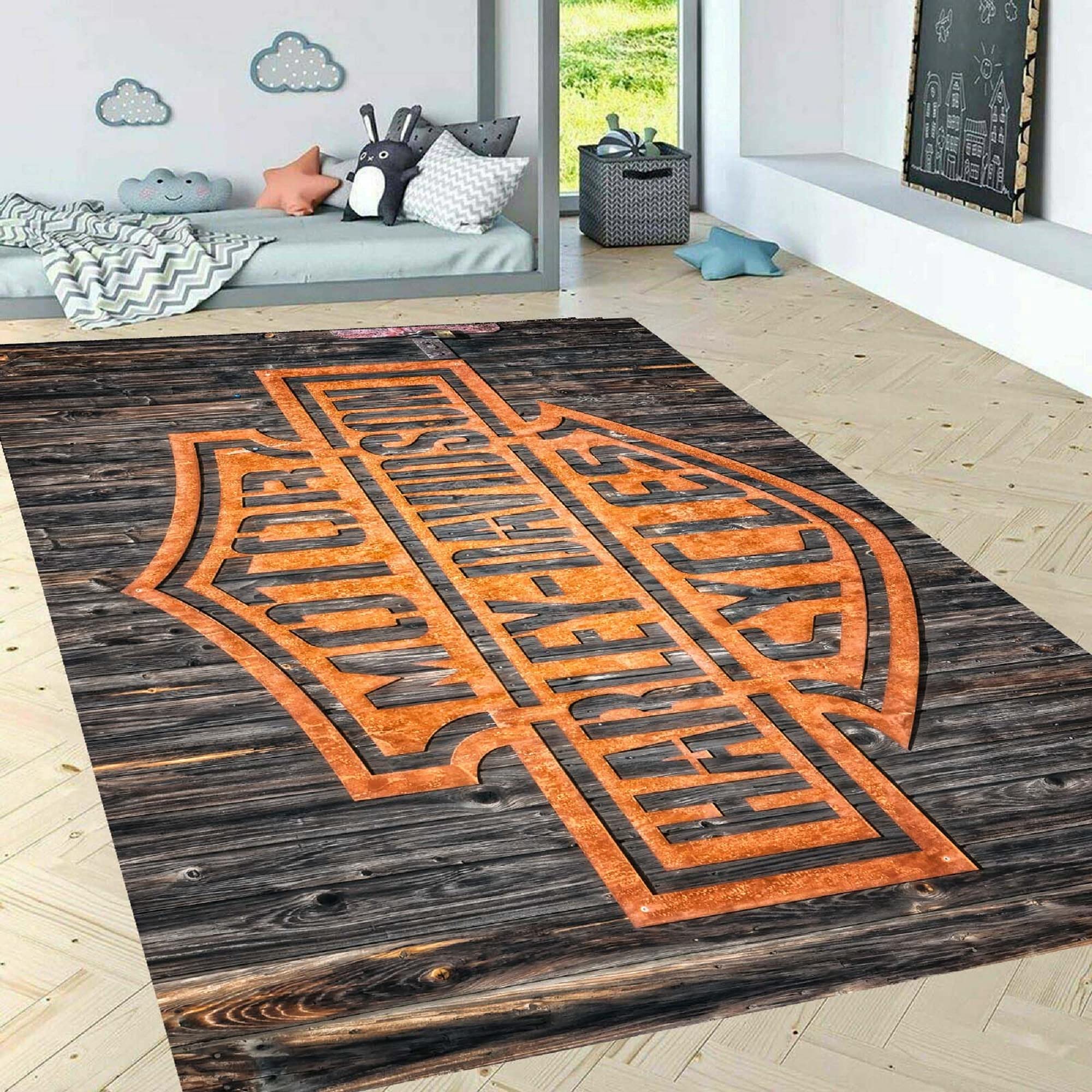 Harley Davidson Themed Rug 63x82 Inch - Modern Area Rug for Living Room, Bedroom, Home Decor - Non-Slip Carpet Perfect for Harley Fans - Great Gift Idea for Motorcycle Enthusiasts - Ideal for Man Cave, Garage, or Biker-Themed Room Decor (160x210cm)