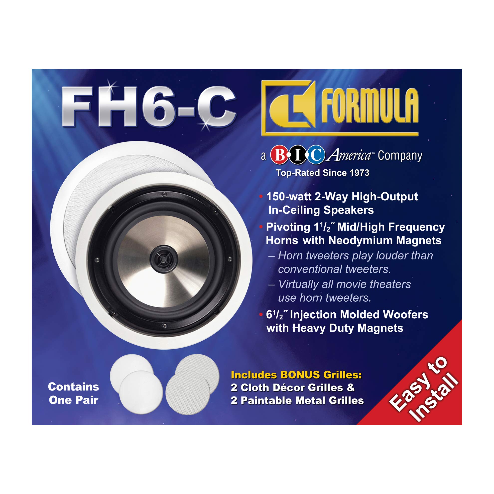 BIC America FH-6C 6.5 Inch 150 Watt 2-Way In-Ceiling Speakers with Pivoting Horn Tweeters - High Performance Home Audio for Living Room, Home Theater & Background Music System