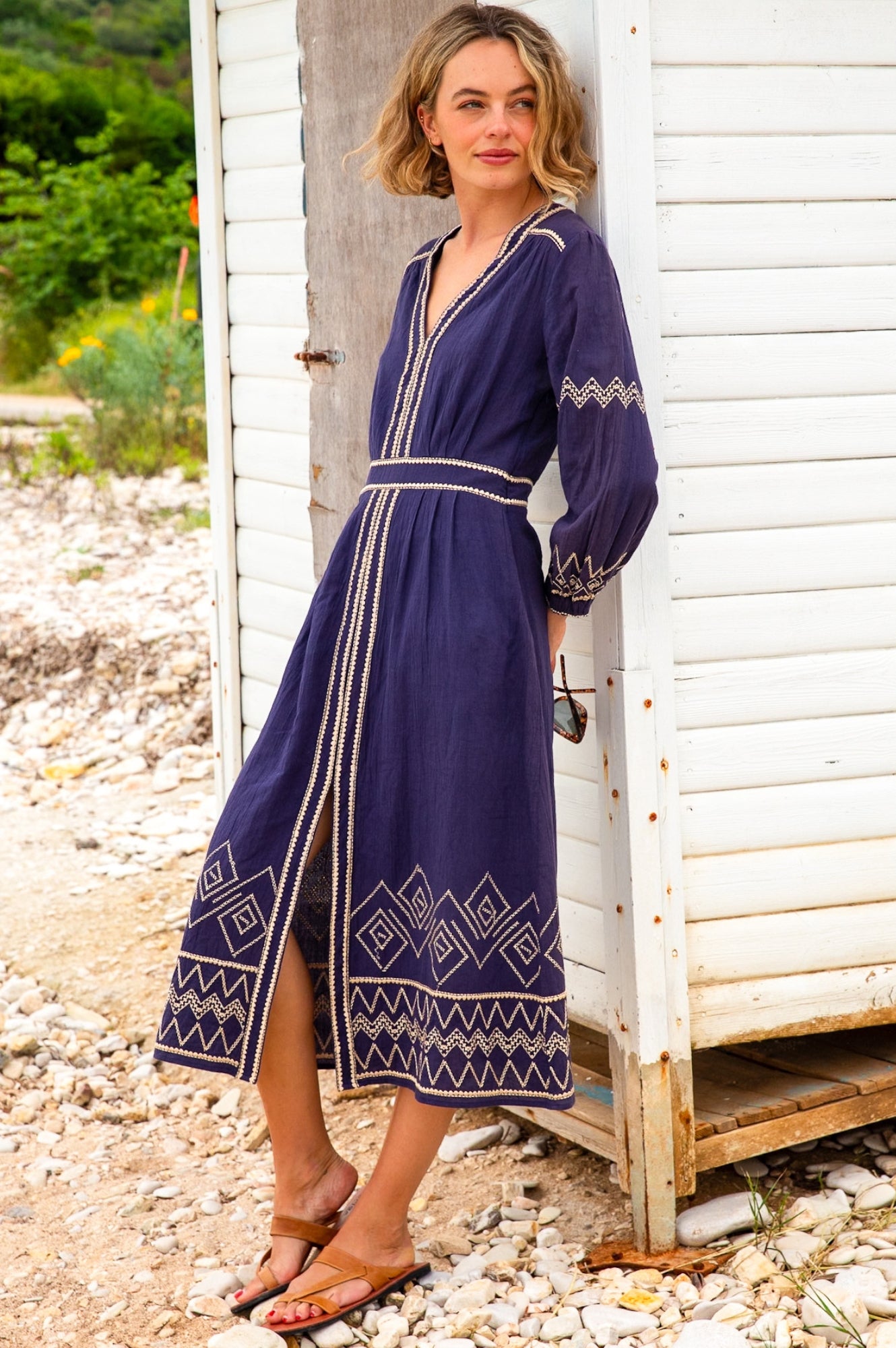 Jamila Embroidered Dress for Women - Navy Blue & Gold Floral Maxi Dress | Elegant Boho Chic Dress for Weddings, Parties & Special Occasions