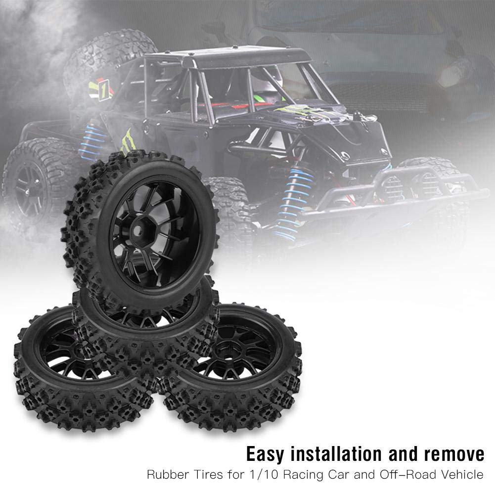 4PCS Universal RC Car Tires with Plastic Hubs - Compatible with HSP, Redcat, Traxxas, HPI 1/10 Scale RC Cars (Black) - Perfect for Off-Road Racing, Drifting & All-Terrain Driving