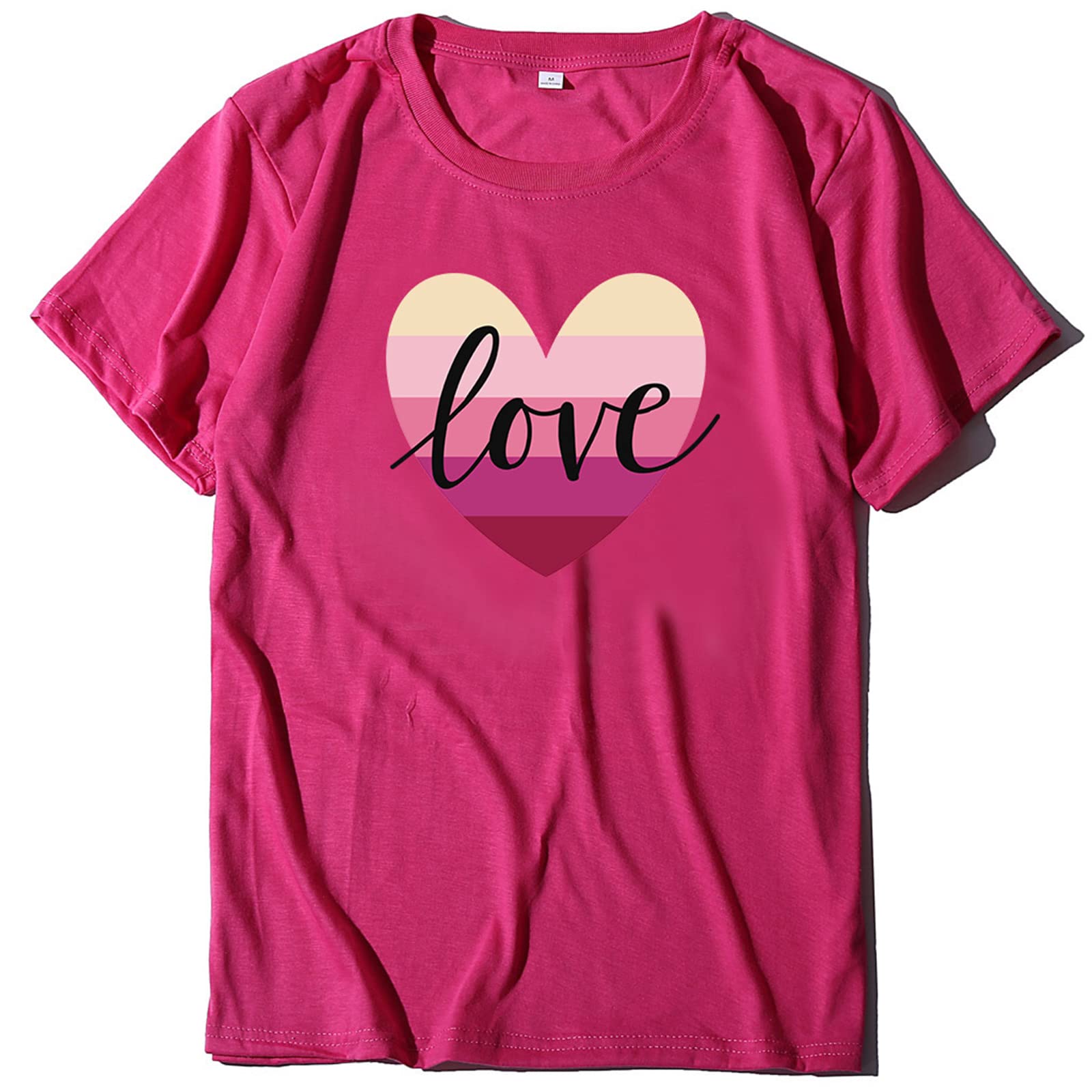 Women's Short Sleeve T-Shirts - Loose Fit Casual Heart Print Blouse for Valentine's Day | Comfortable O-Neck Top for Date Night, Gifts & Everyday Wear