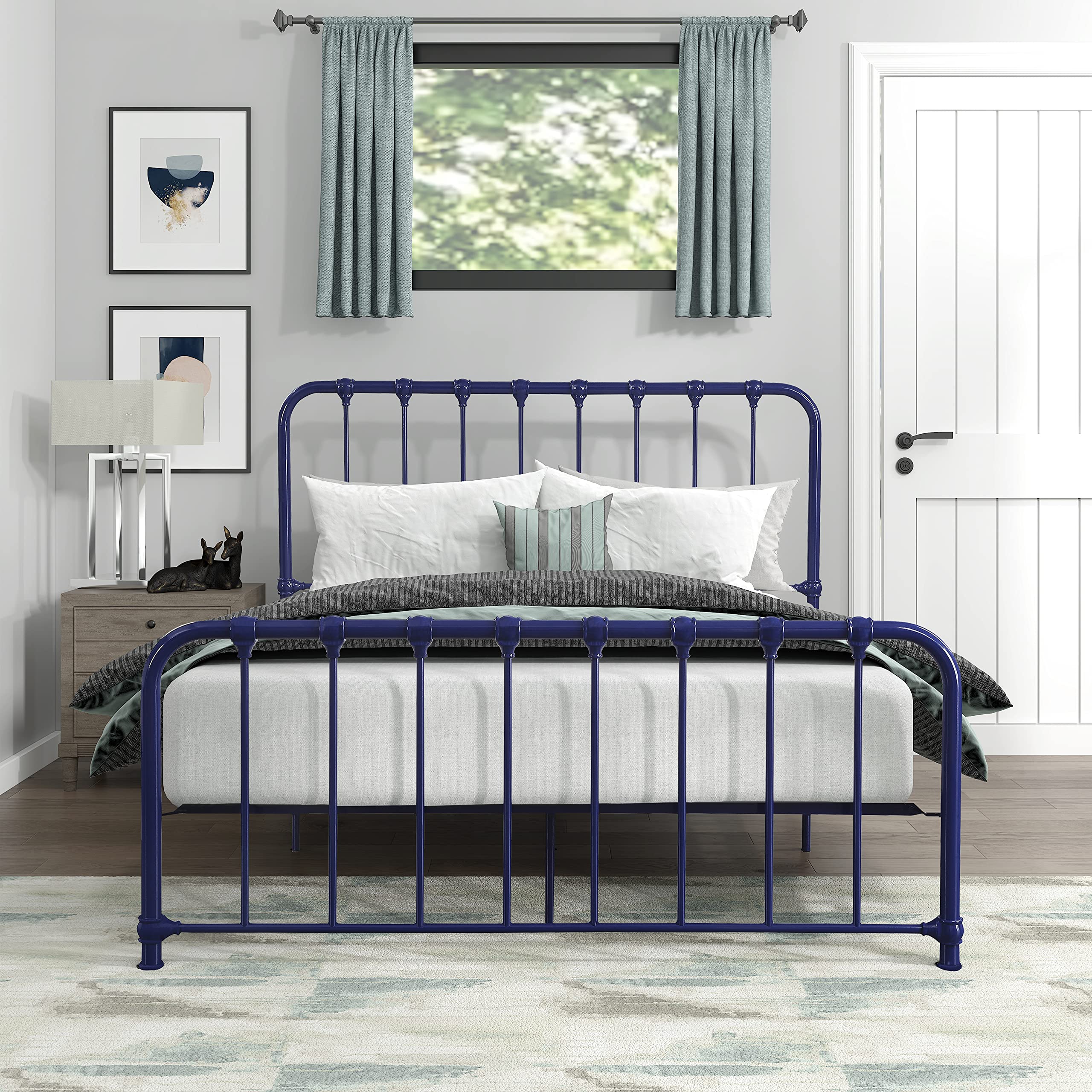Lexicon Queen Metal Bed Frame with Headboard - Sturdy Metal Platform Bed with Slat Support, Under Bed Storage Space, No Box Spring Needed - Easy Assembly, Navy Blue - Perfect for Modern Bedrooms, Guest Rooms & Small Spaces