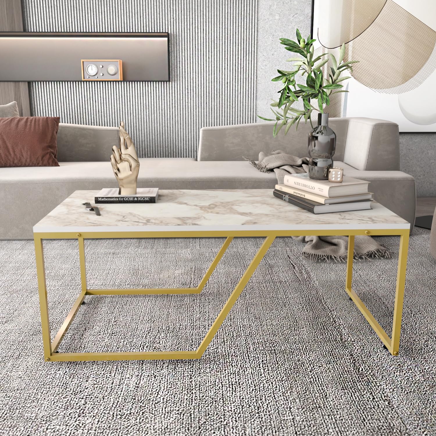 Wendy Gold Metal Leg Marble Top Coffee Table - Modern Cocktail Table for Living Room, Lounge & Office - Durable & Stylish Home Decor Furniture