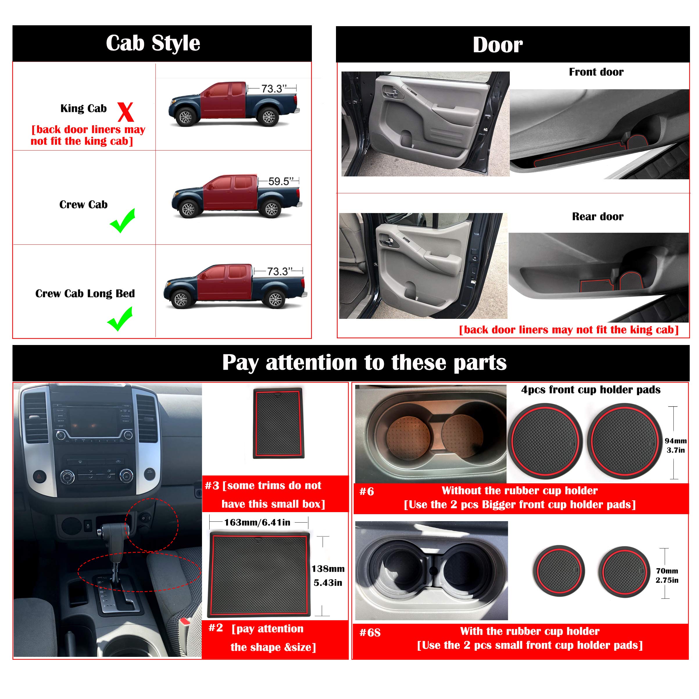 Auovo Custom Fit Anti-Dust Mats Set for 2005-2020 Frontier Crew Cab & 2005-2015 Xterra - 24pc Door Pocket Liners, Cup Holder Pads & Console Mats (Red) - Perfect for Off-Roading, Camping & Daily Protection