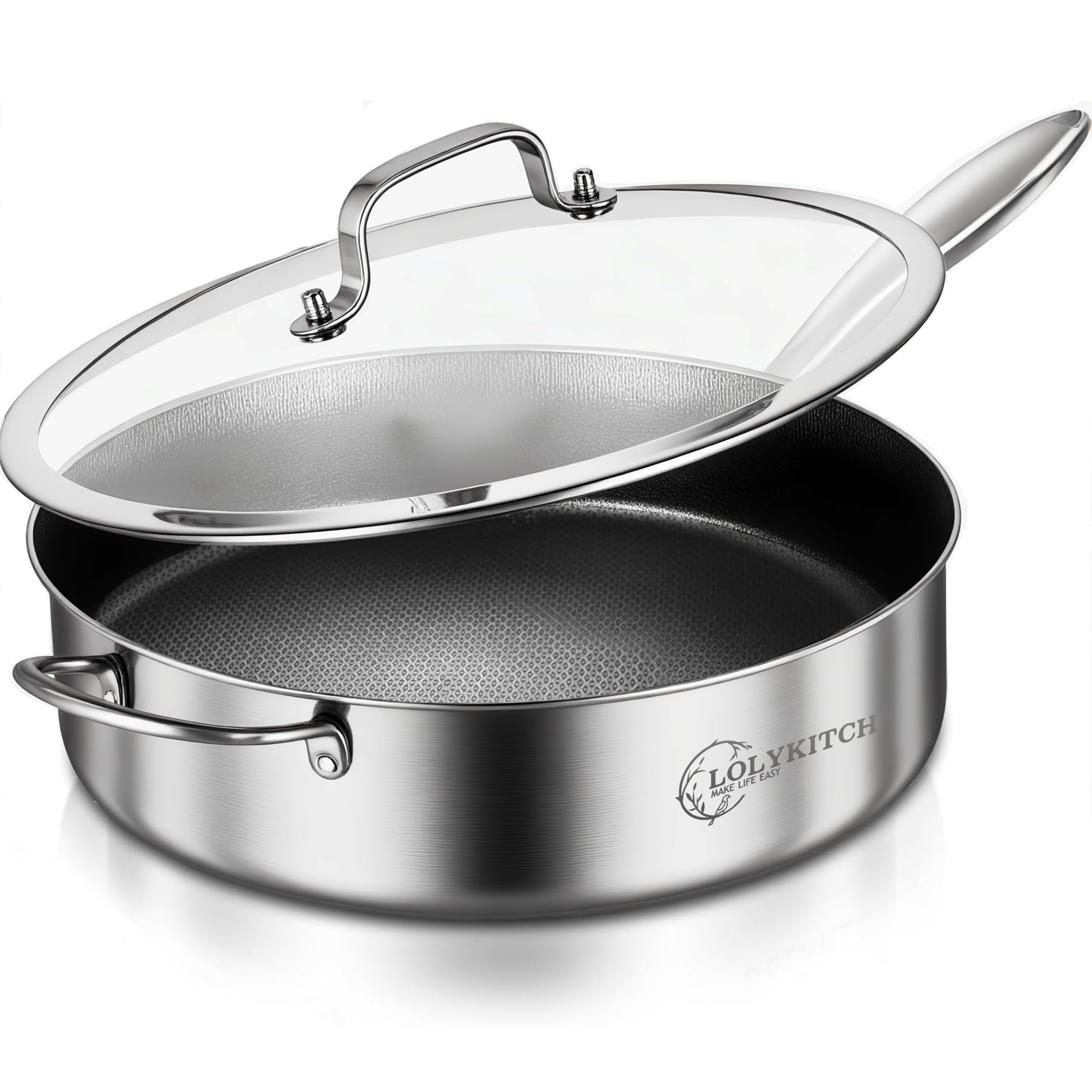 6 QT Hybrid Tri-Ply Stainless Steel Non-Stick Sauté Pan with Lid - 12 Inch Deep Frying Skillet, Induction Compatible & Oven Safe Cookware with Detachable Handle - Perfect for Sautéing, Frying & Baking in Home Kitchen