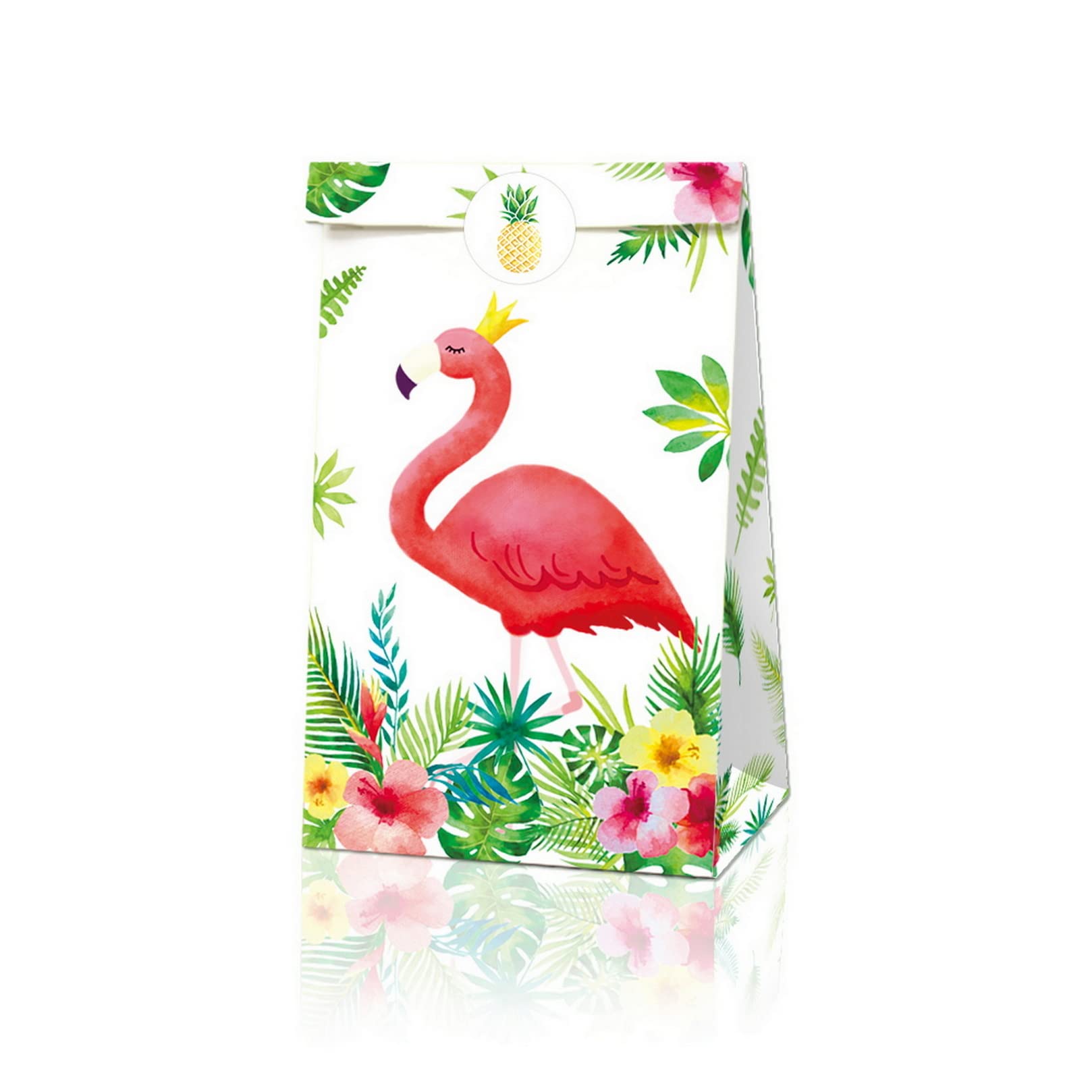 COSFAN 12 Pack Hawaiian Party Gift Bags - Tropical Flamingo & Pineapple Themed Goodie Bags for Candy & Treats | Perfect for Luau, Birthday, Beach & Summer Party Favors | Includes Decorative Stickers