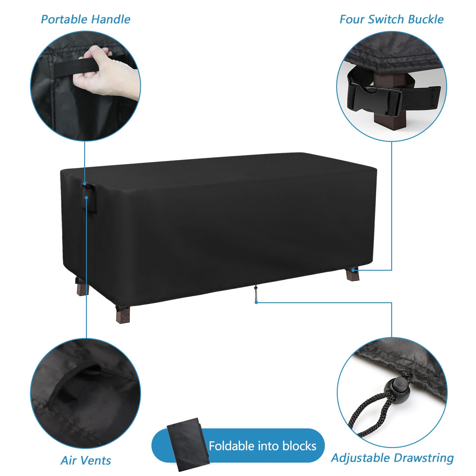 Kingling Waterproof Heavy Duty Rectangular Patio Table Cover 60 x 35 x 28 Inches - Outdoor Dining Table Protector, All-Weather Furniture Cover for Coffee Tables, Decks & Backyards (Black)