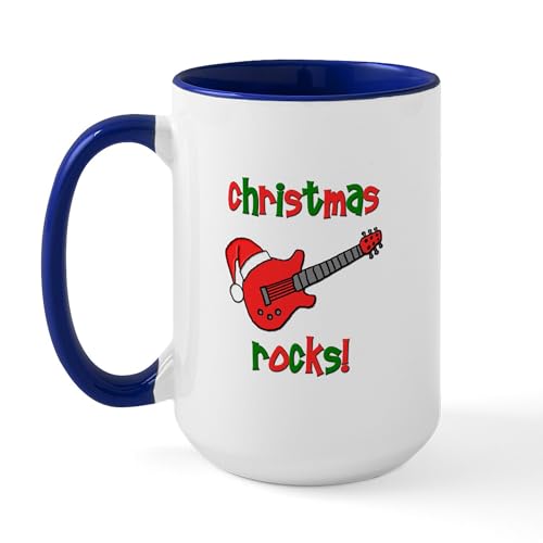 White/Navy Inside - Christmas Rocks! Guitar Santa Large Mug