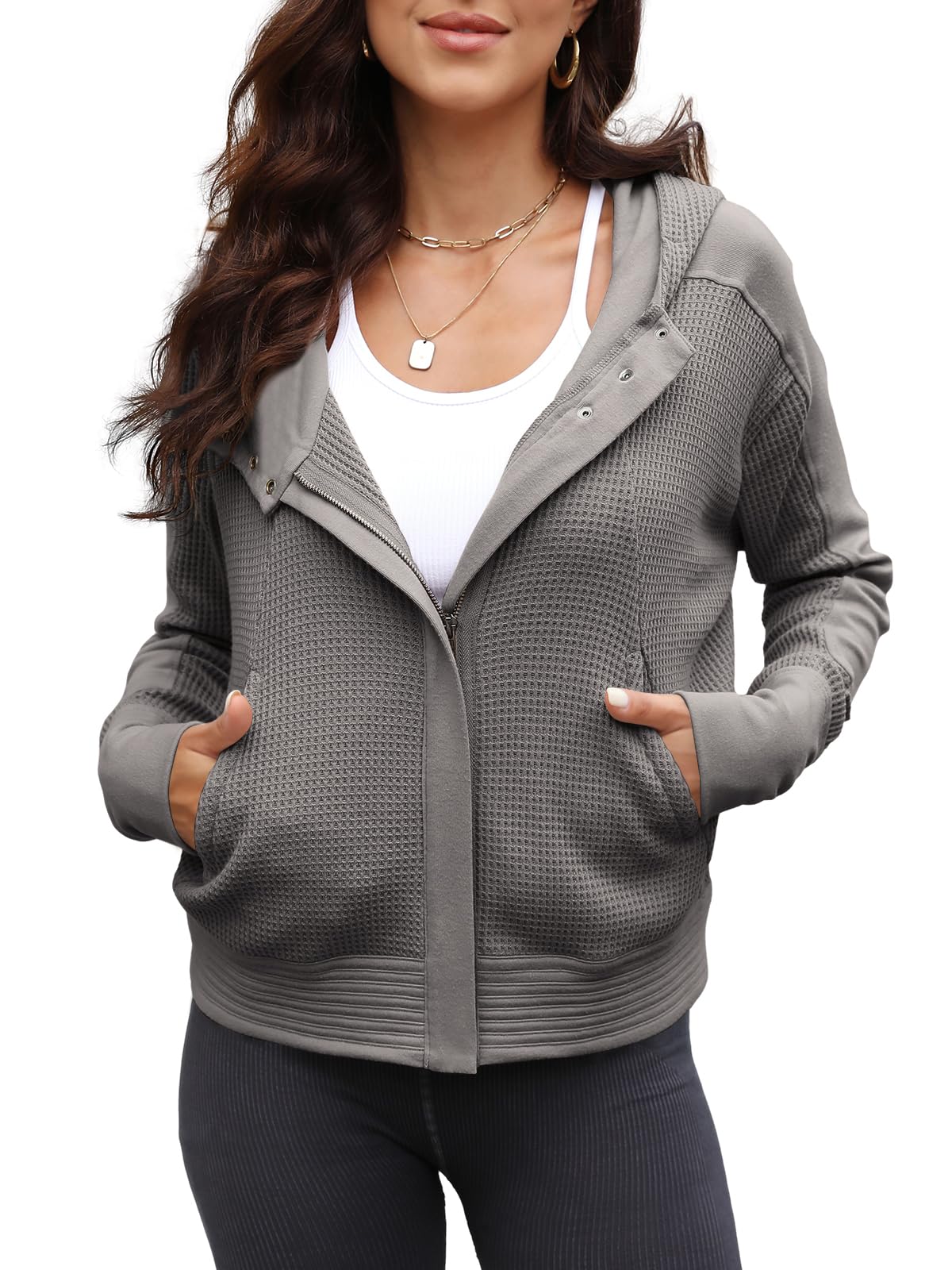 Yanekop Women's Waffle Knit Zip-Up Hoodie Jacket - Long Sleeve Cropped Pullover for Fall & Winter | Casual Outerwear for Street Style, Layering & Cozy Everyday Wear