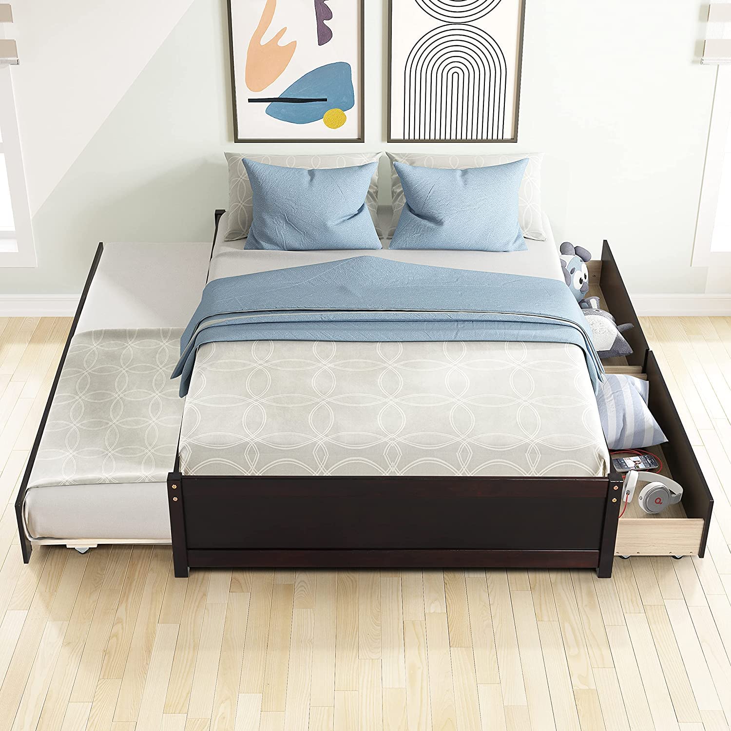 Rophefx Full Size Platform Bed with Twin Trundle and 2 Storage Drawers, Solid Wood Kids Bed Frame in Espresso Finish - Perfect for Small Bedrooms, Guest Rooms & Kids' Sleepovers