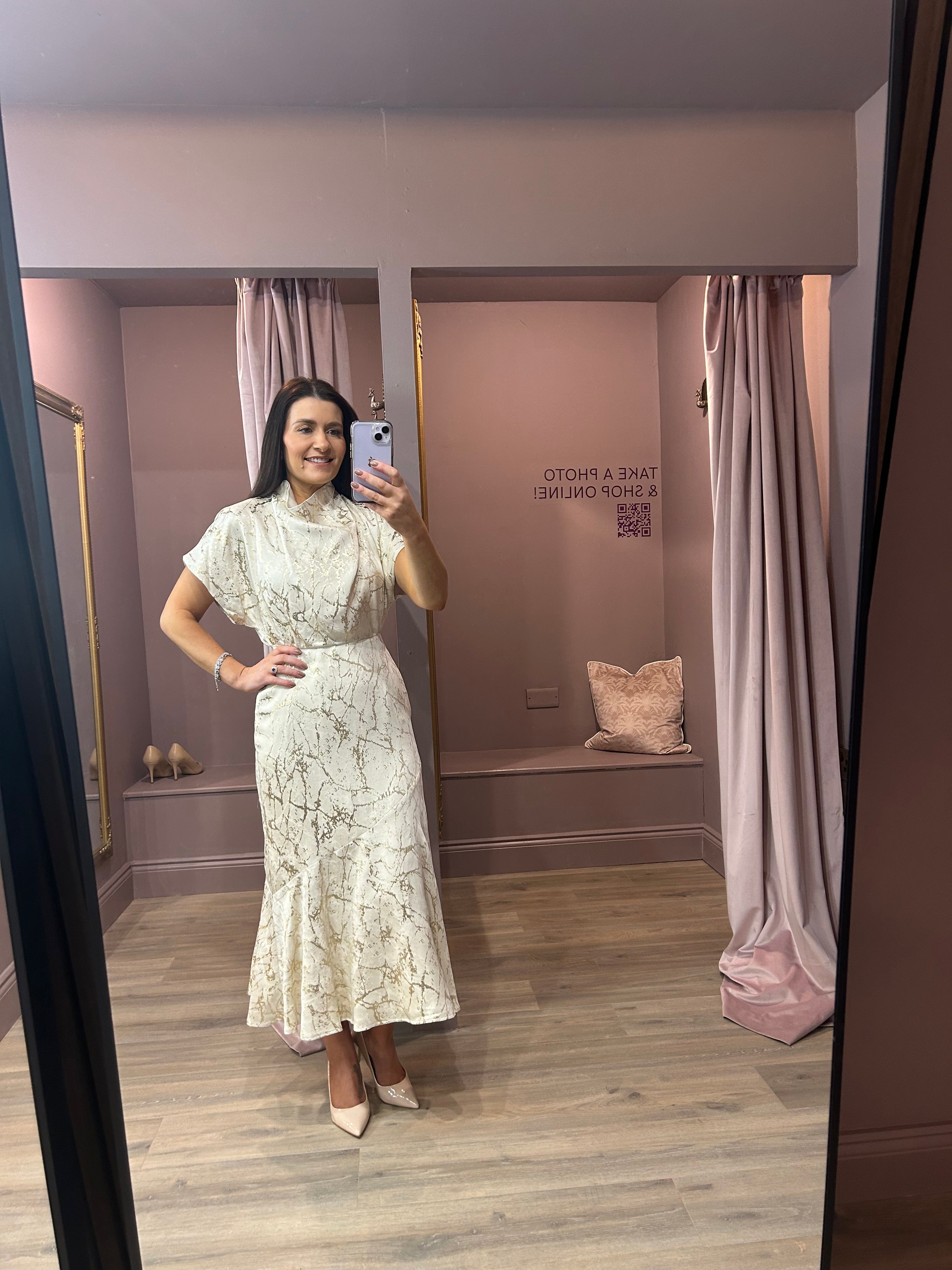 EVA Asymmetric Midi Dress in Cream & Gold - Elegant Women's Party & Evening Wear for Special Occasions
