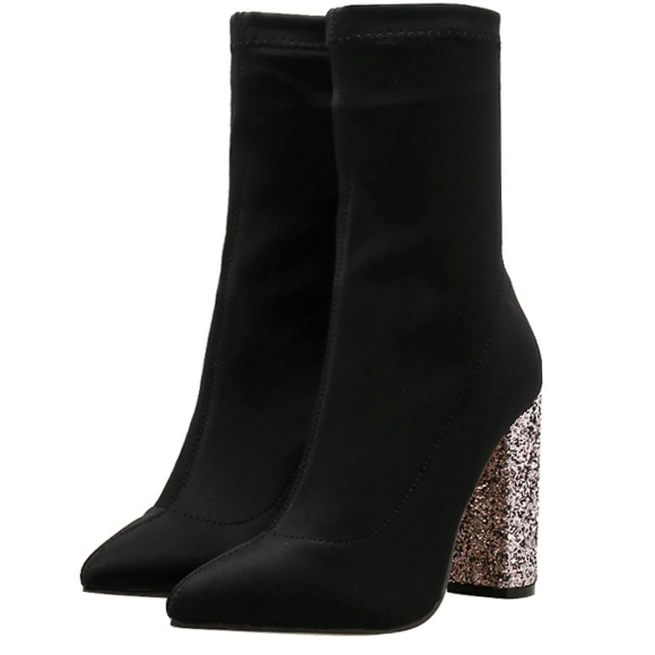 UniqueStride Women's Glitter Sequins Block High Heel Ankle Boots - Pointed Toe Stretch Slip On Booties with Chunky Heel for Party, Evening & Special Occasions