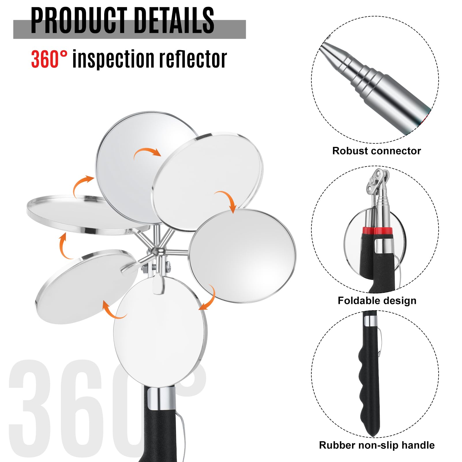 6-Piece Telescoping Inspection Mirror Set - 30 Inch Retractable Mechanical Mirror Tool for Under Vehicle Inspection & Car Visual Reflector - Perfect for Auto Repair, DIY Maintenance & Safety Checks