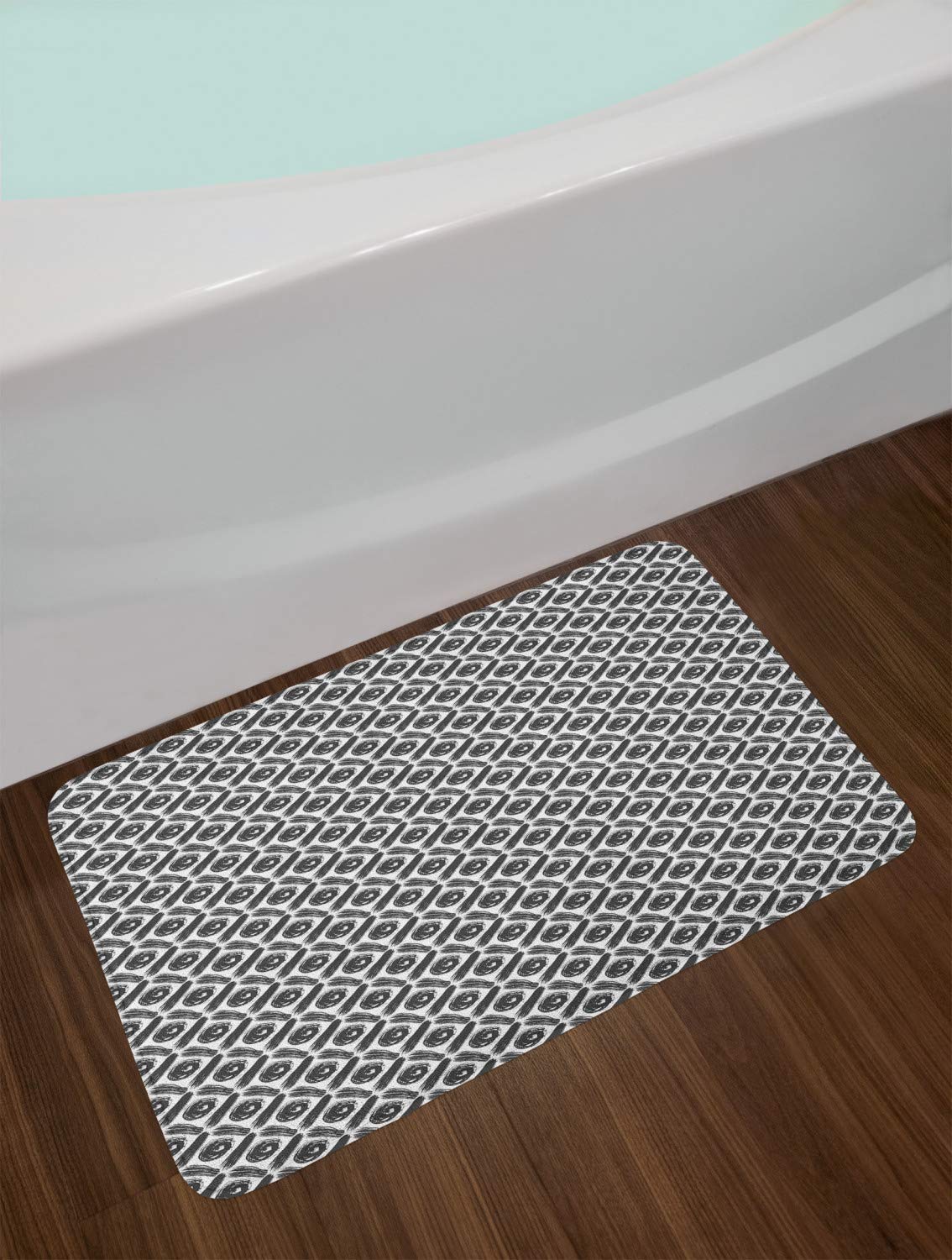 Ambesonne Retro Non-Slip Bath Mat - Brush Drawn Rounds in Striped Rhombus Monochrome Art, Plush Bathroom Decor Rug, 30.2x20 Inches, Charcoal Grey & White - Perfect for Modern Bathrooms, Guest Suites & Spa-Like Retreats